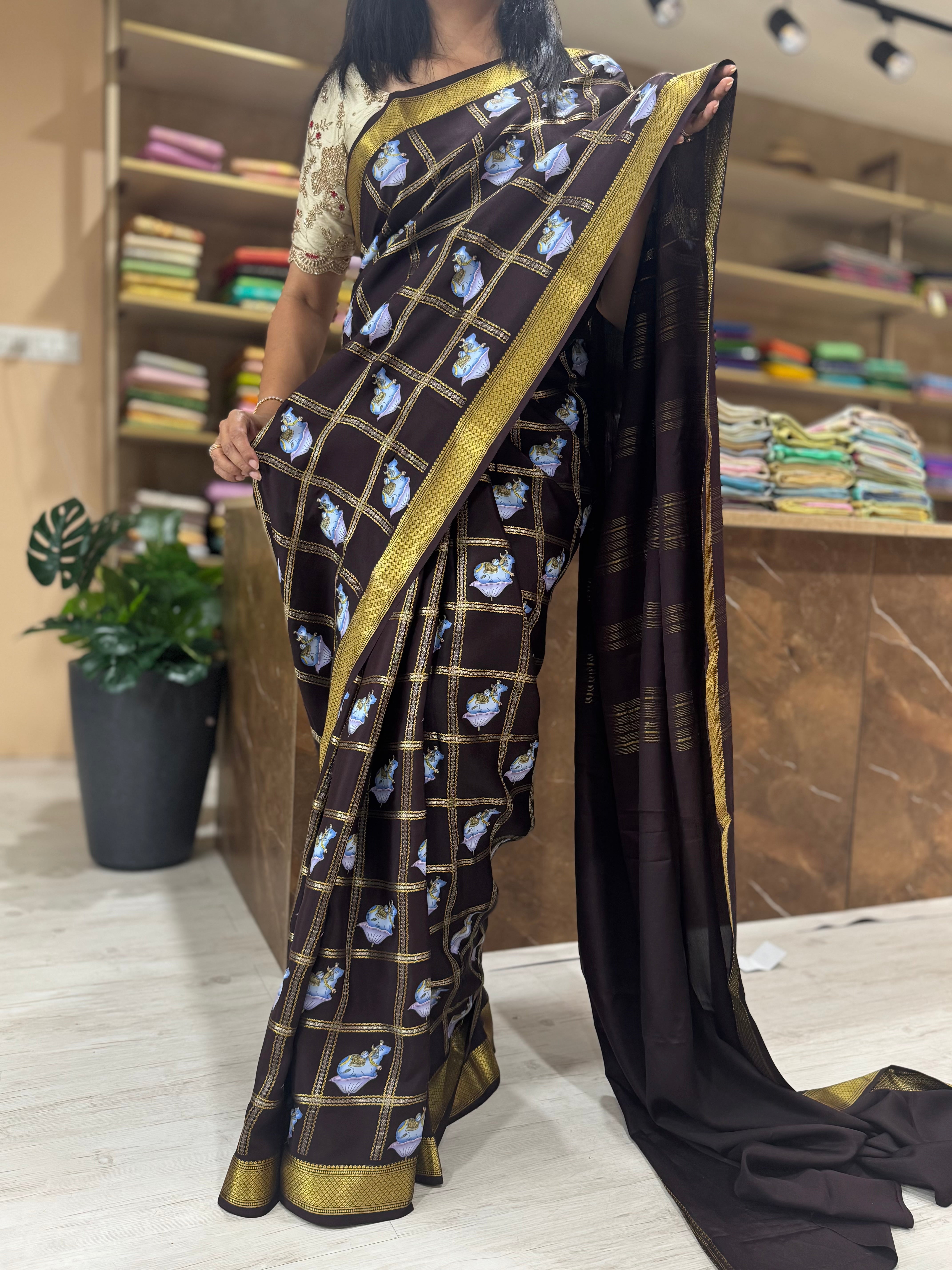 Dark brown checks pichwai-08 design pure mysore crepe silk saree