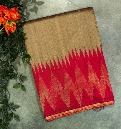 Dark beige temple border pure matka silk saree