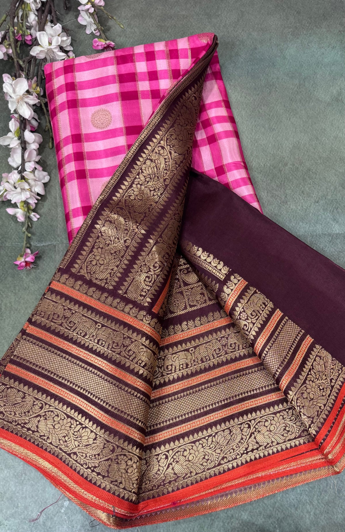 Pink Checks Semi Crepe Saree 110