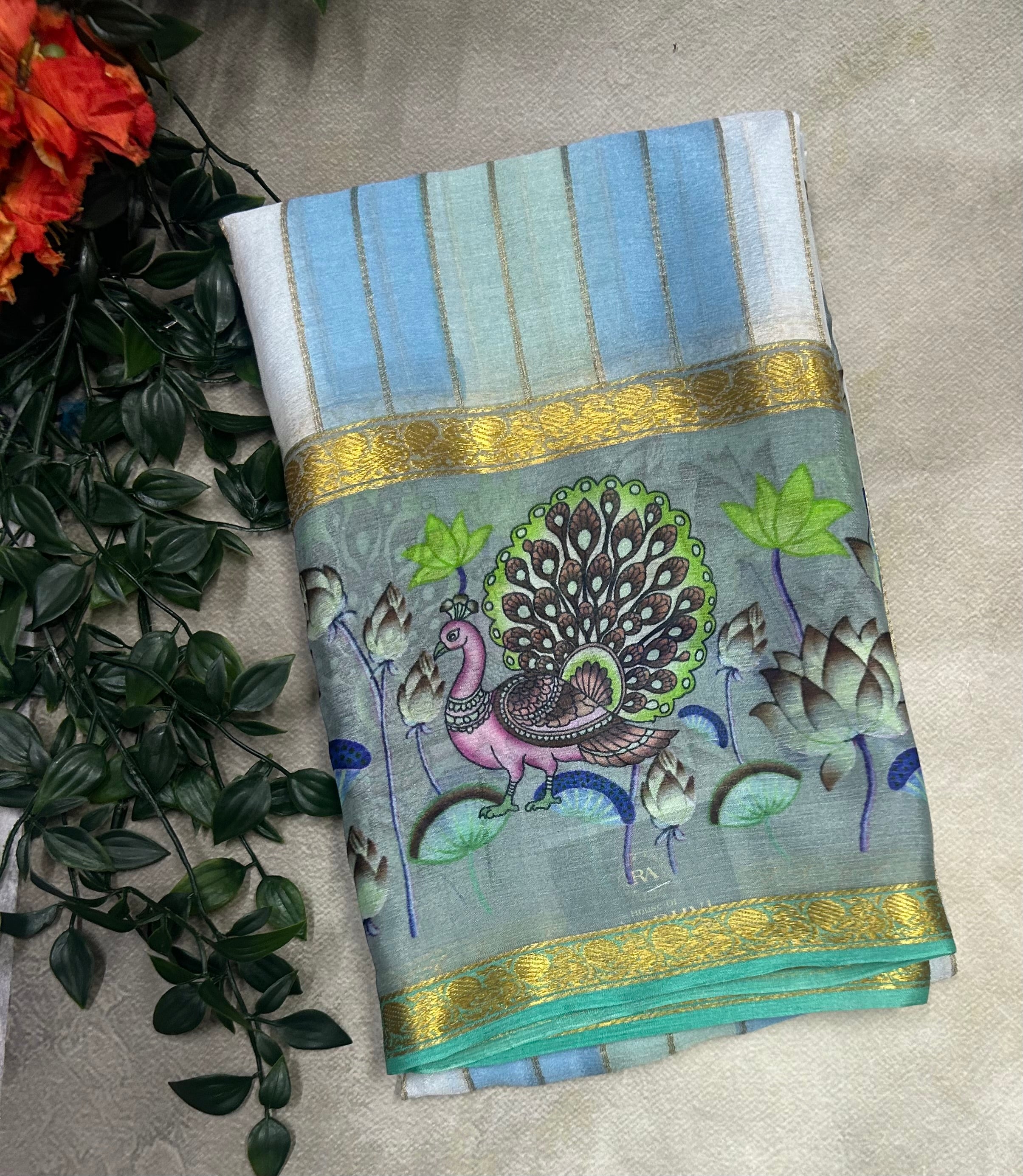 Rankart kalamkari border pure wrinkle 103 crepe silk saree