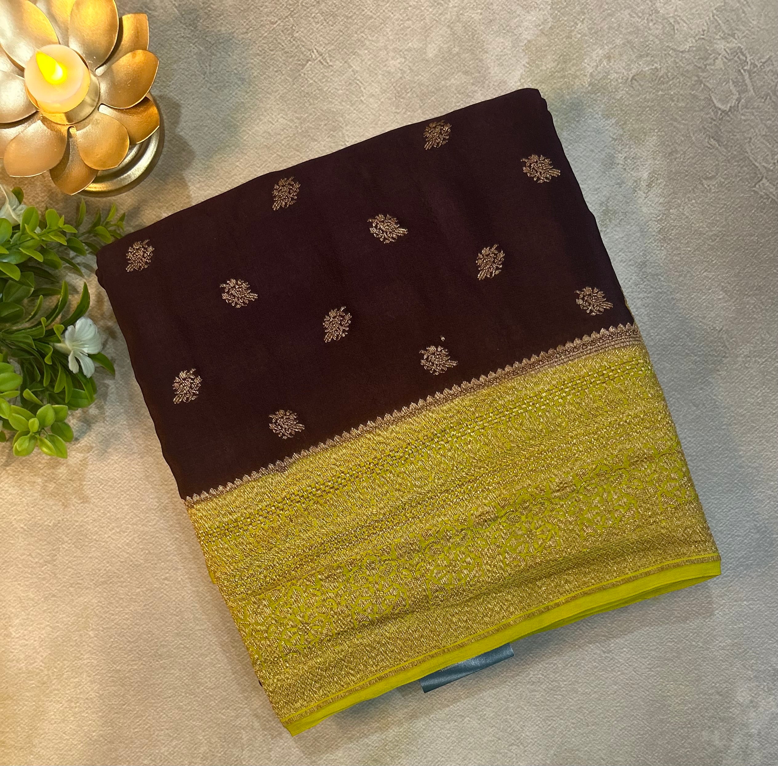Brown n neon yellow small Butta pure banarasi crepe-10 silk saree