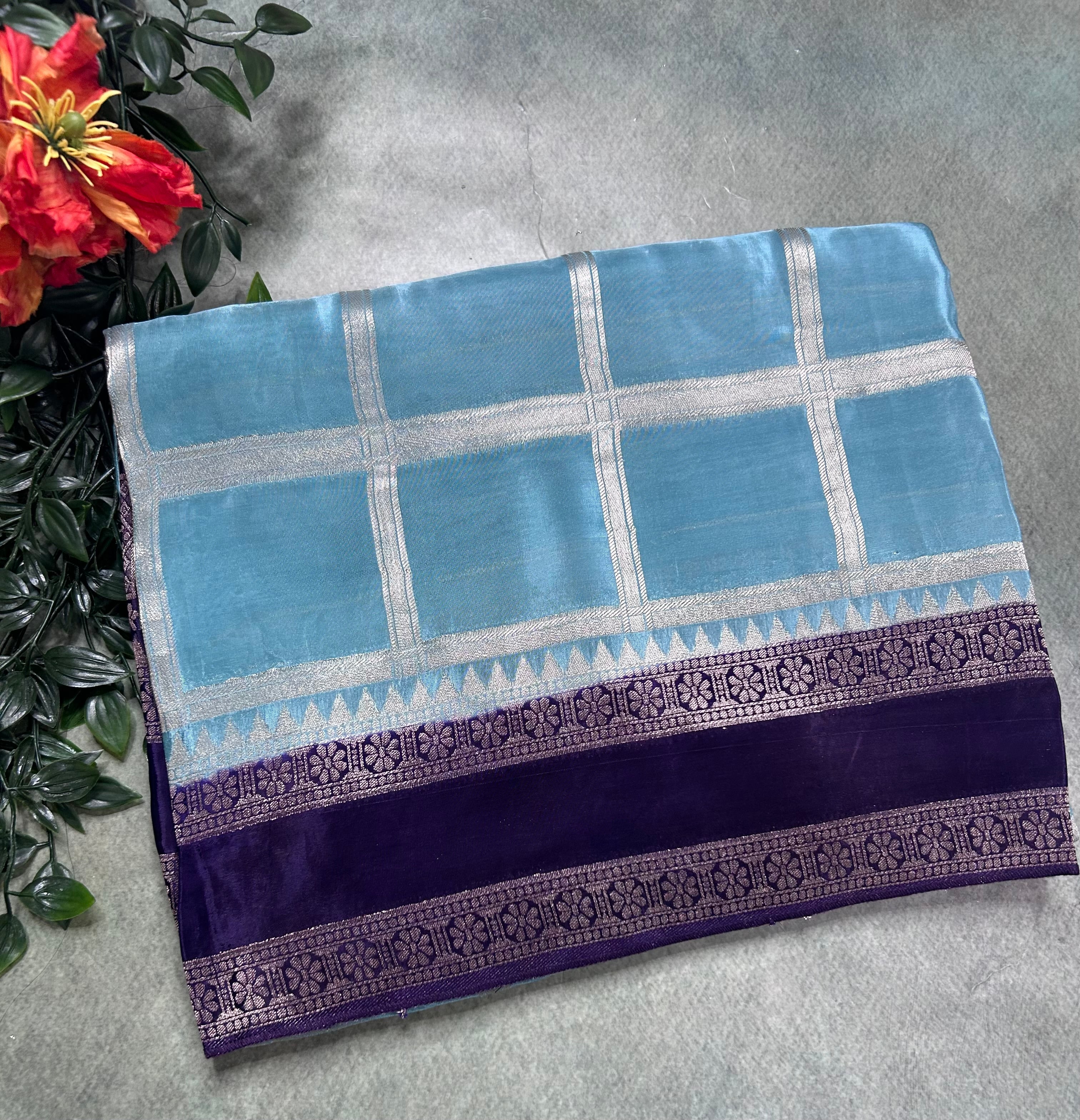 Sea blue checks n bentex border semi crepe 106 saree