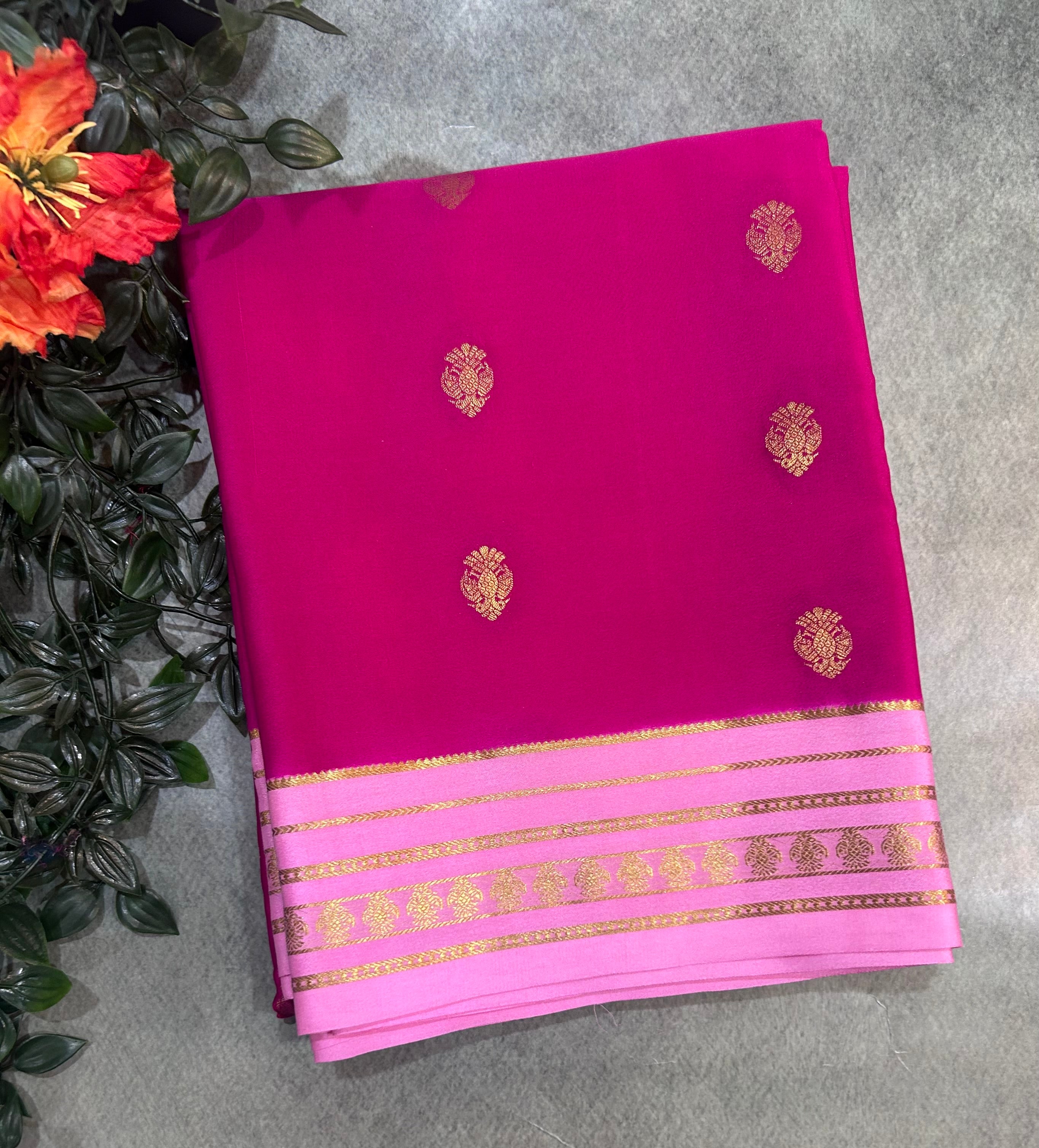 Rani pink stripes border pure Mysore silk 106 saree