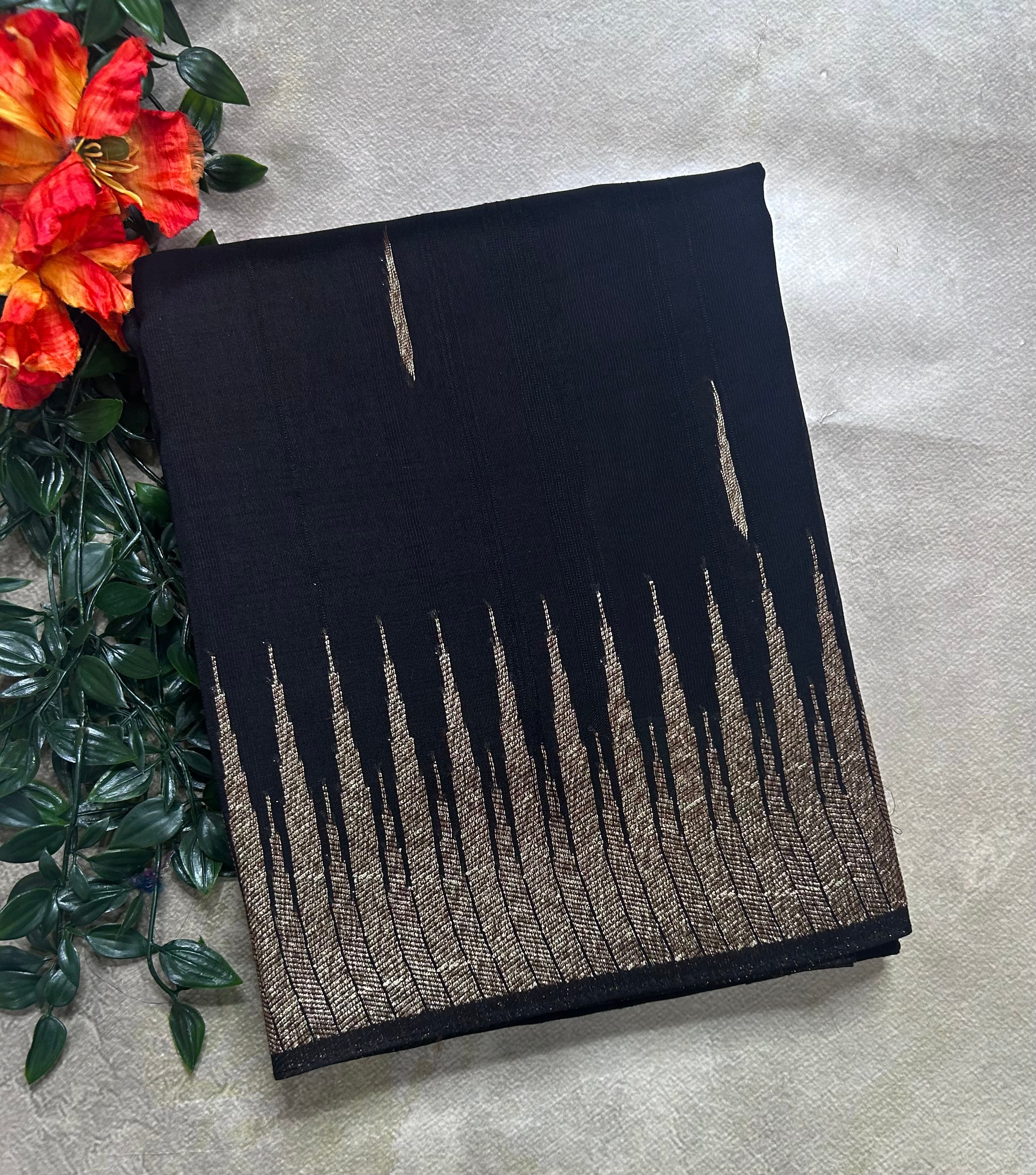 Black temple border tussar crepe 106 silk saree