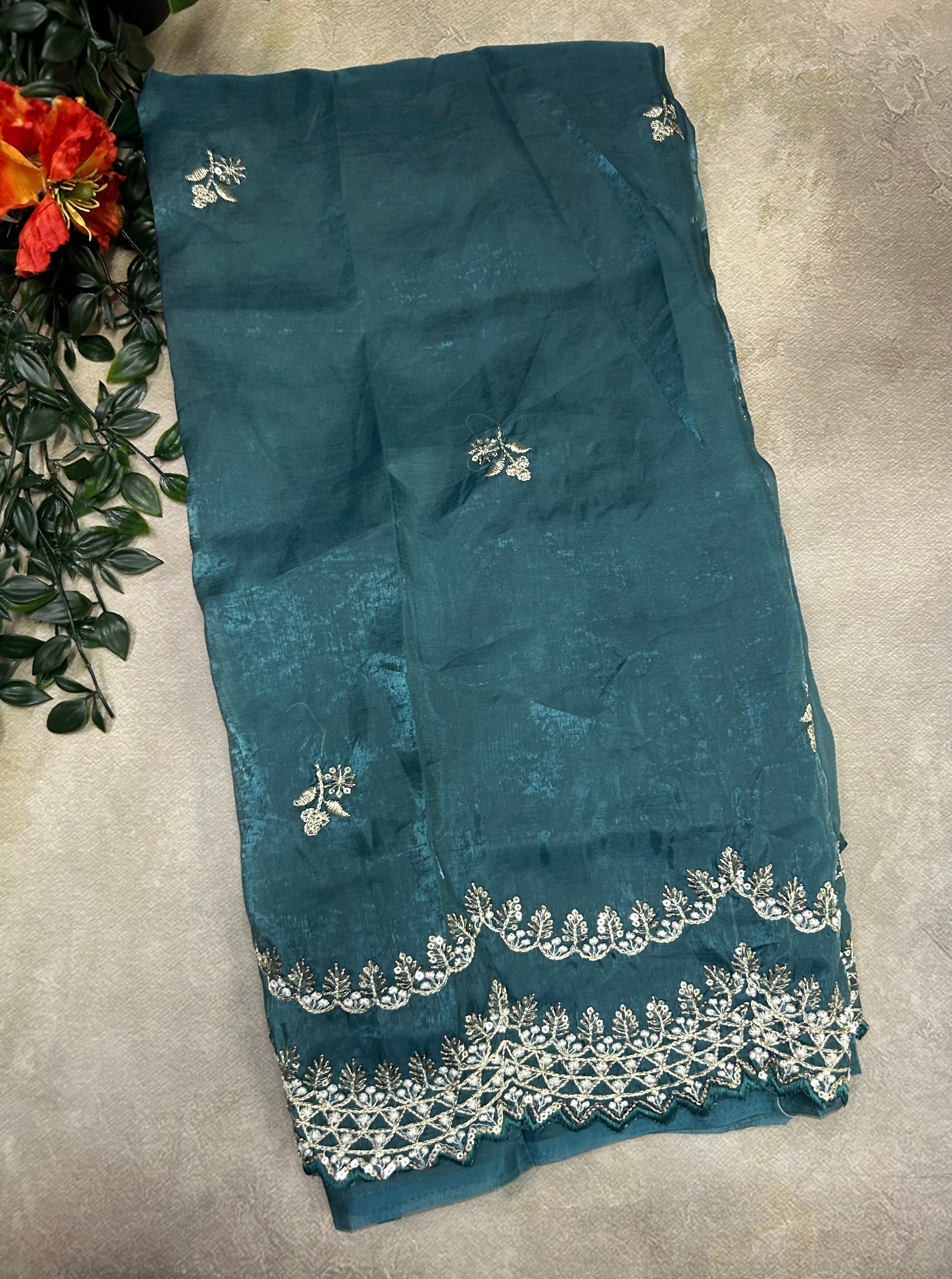 Dark Sea green scallop Border party wear saree