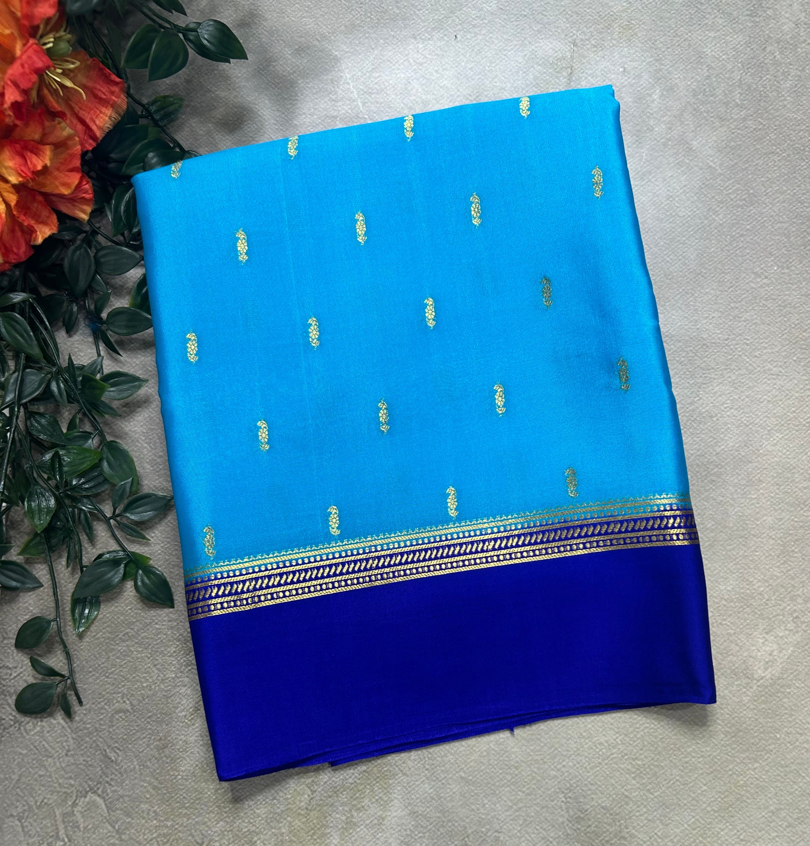 Light blue contrast border pure Mysore silk 105 saree