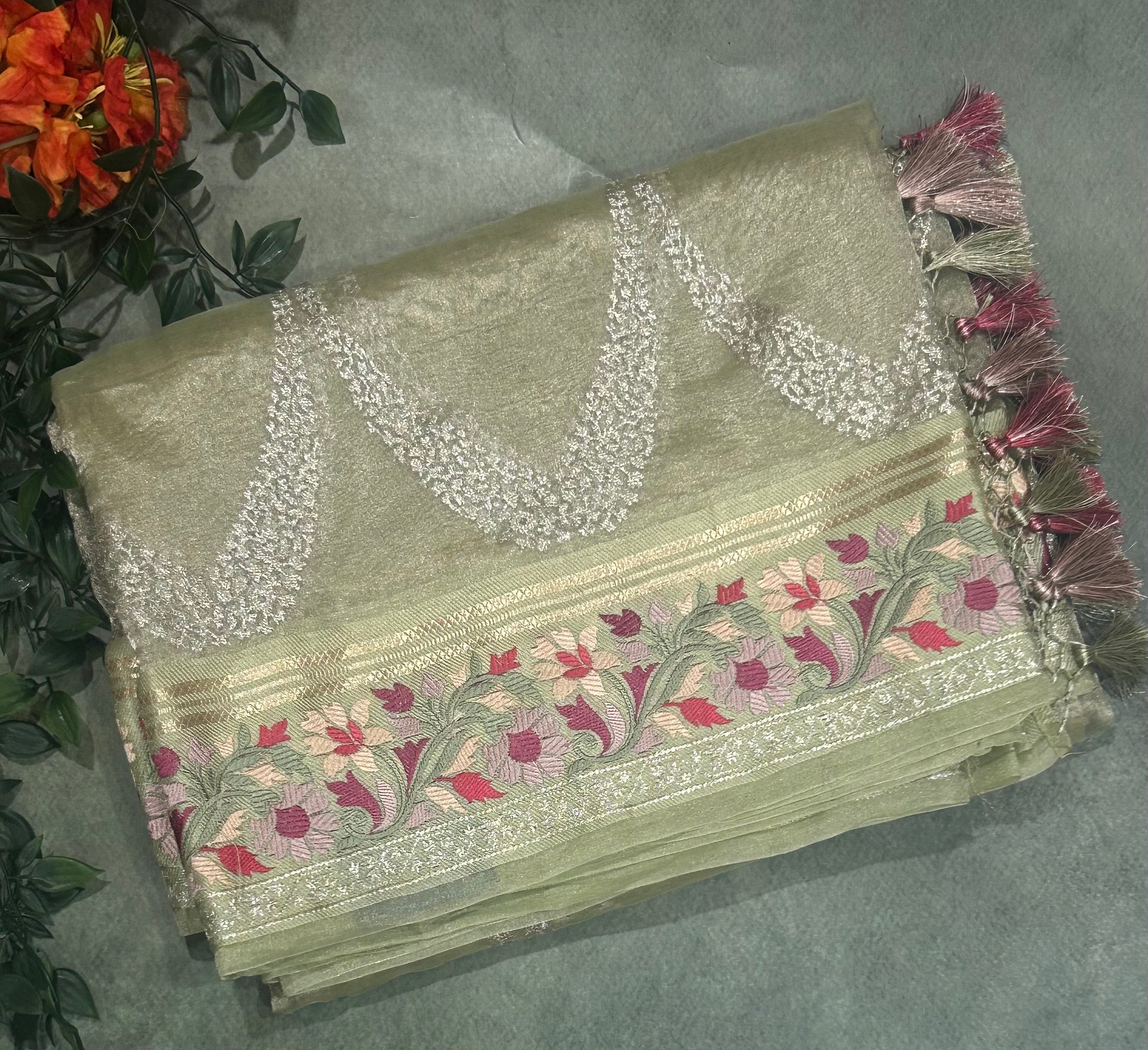 Pastel green embrodiery pure organza tissue 103 saree
