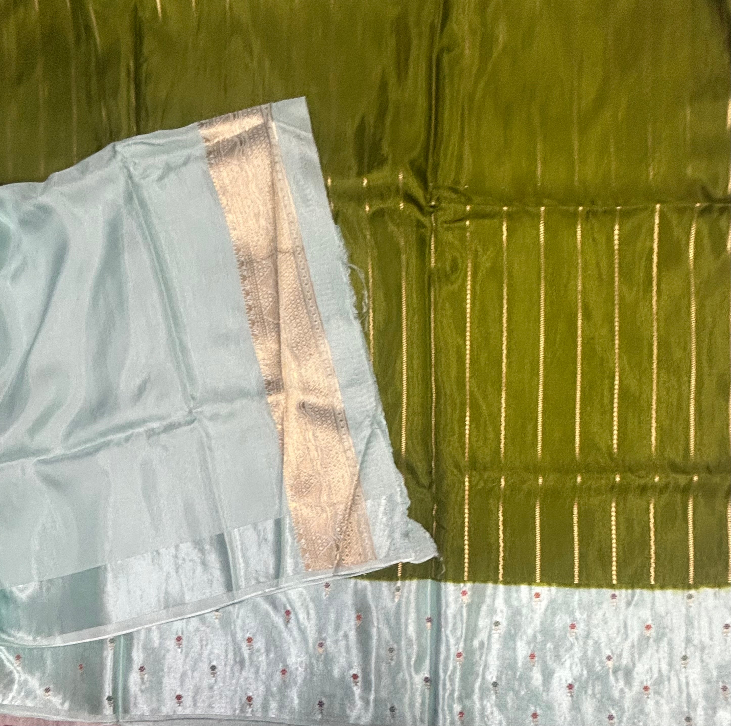 Leaf green contrast satin border semi Mysore crepe 105 saree