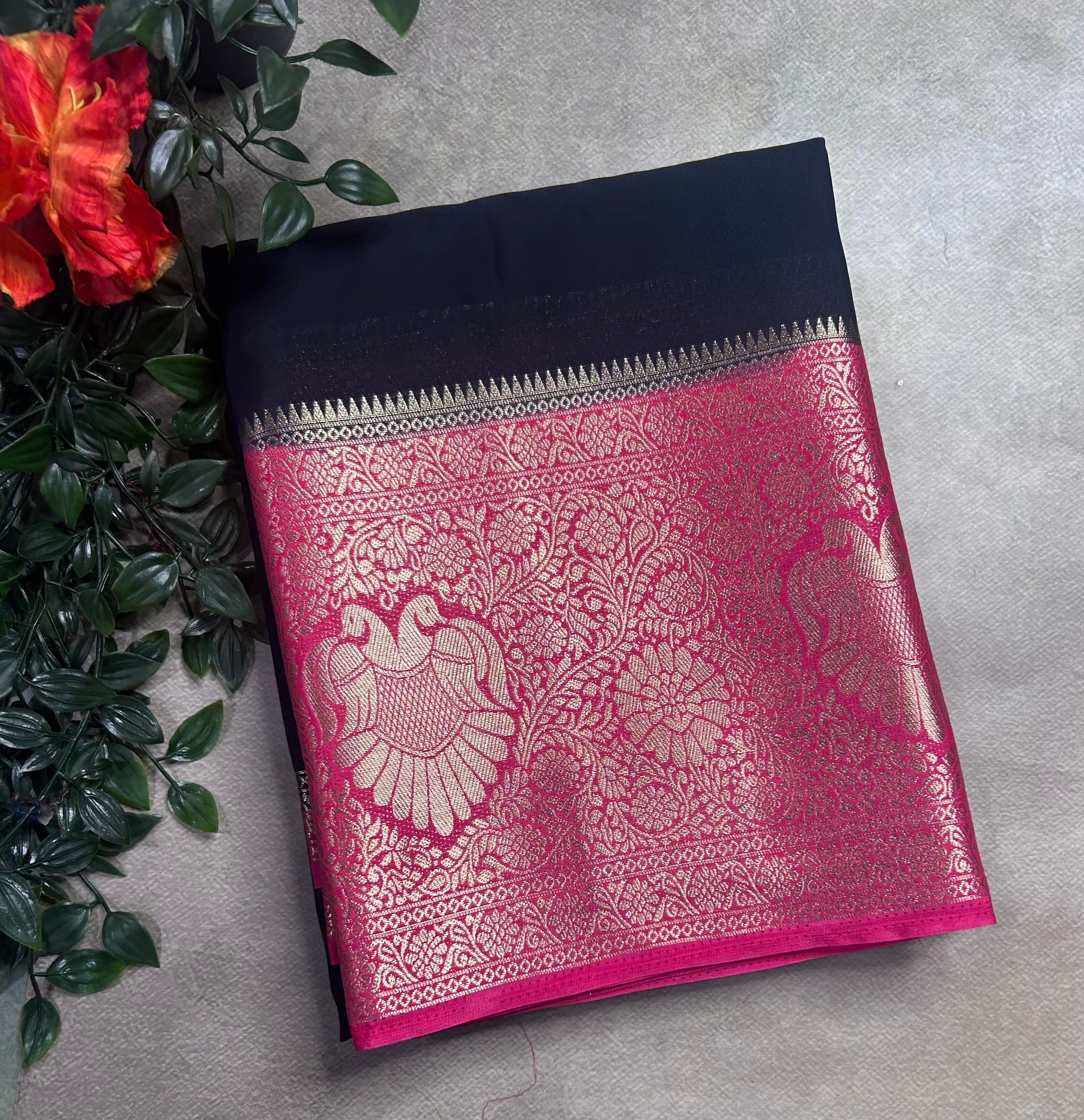 Black contrast long border soft semi Mysore crepe 106 saree