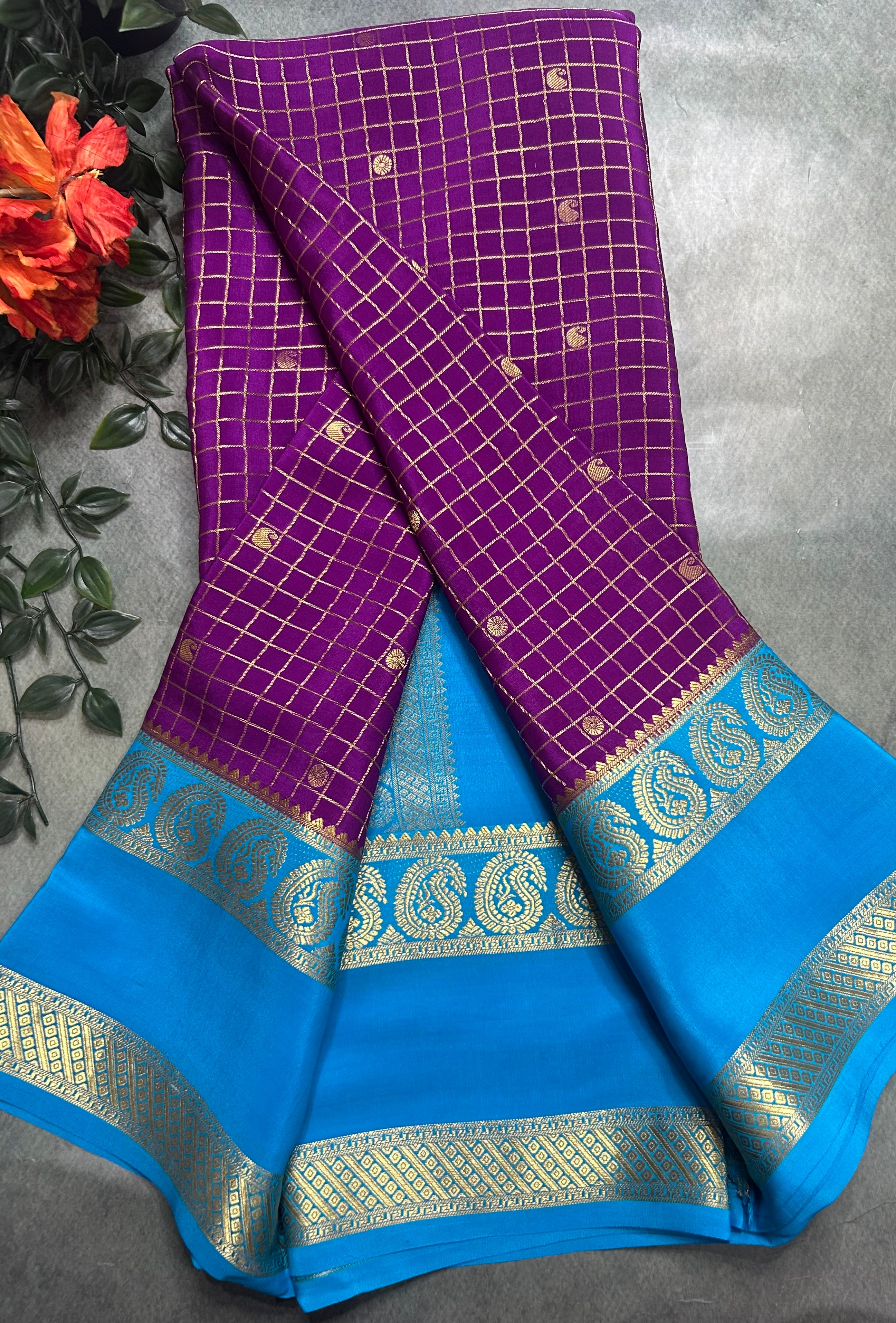 Purple small checks pure Mysore silk 105 saree
