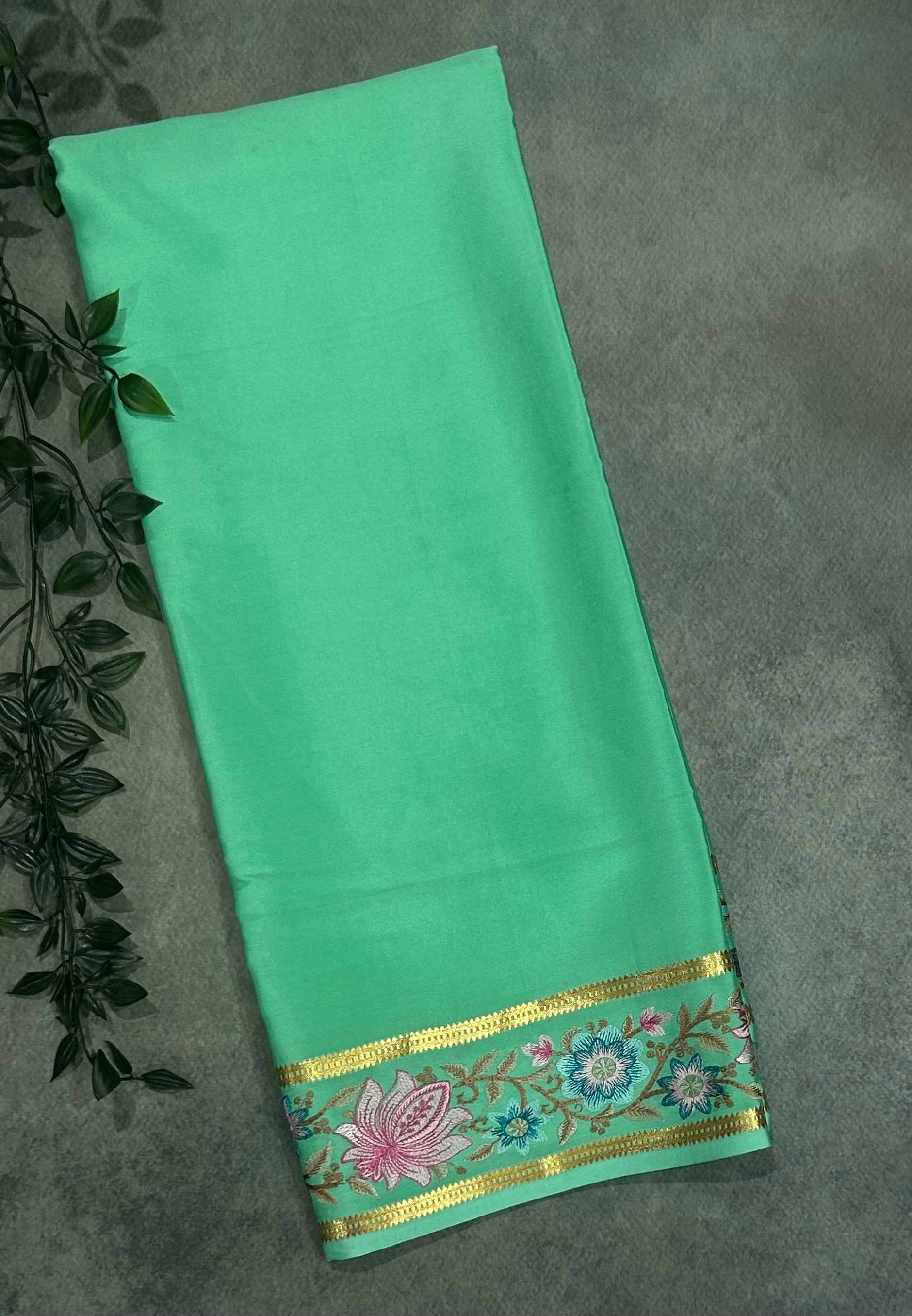 Distemper blue embroidery work-08 pure mysore crepe silk saree