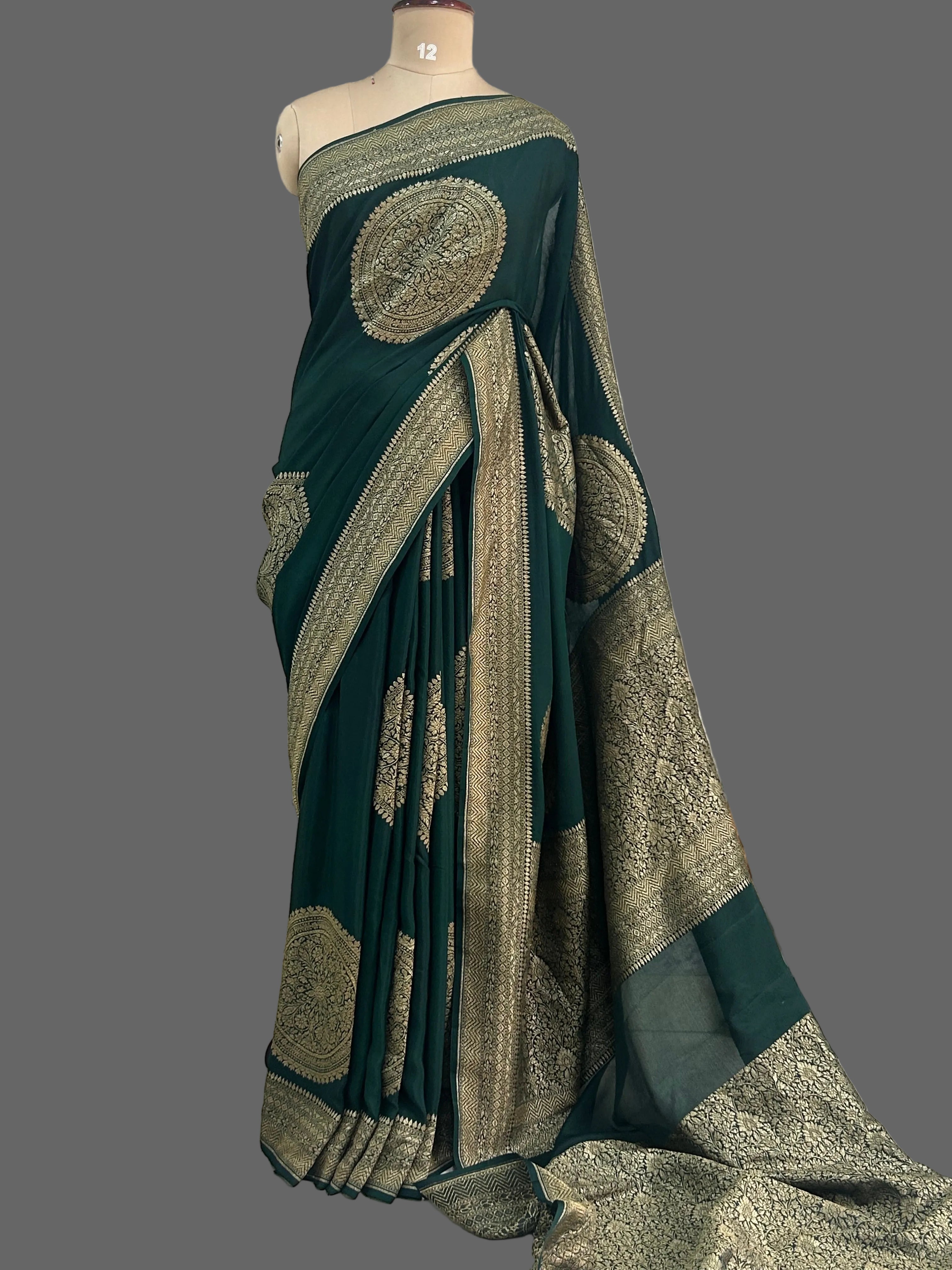 Bottle green big Butta Banarasi pure crepe saree -101