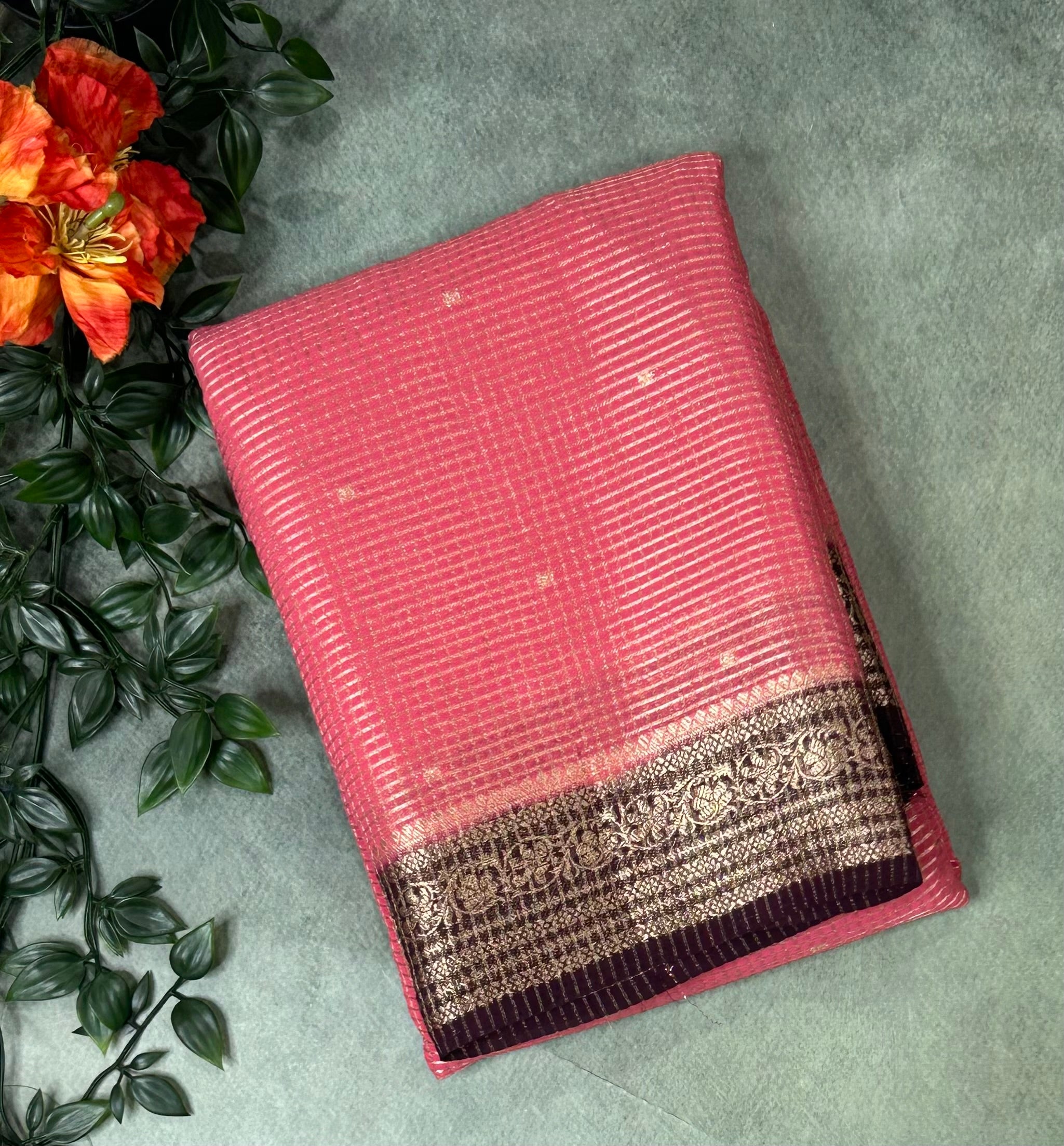Light pink small checks semi mysore crepe-12 saree