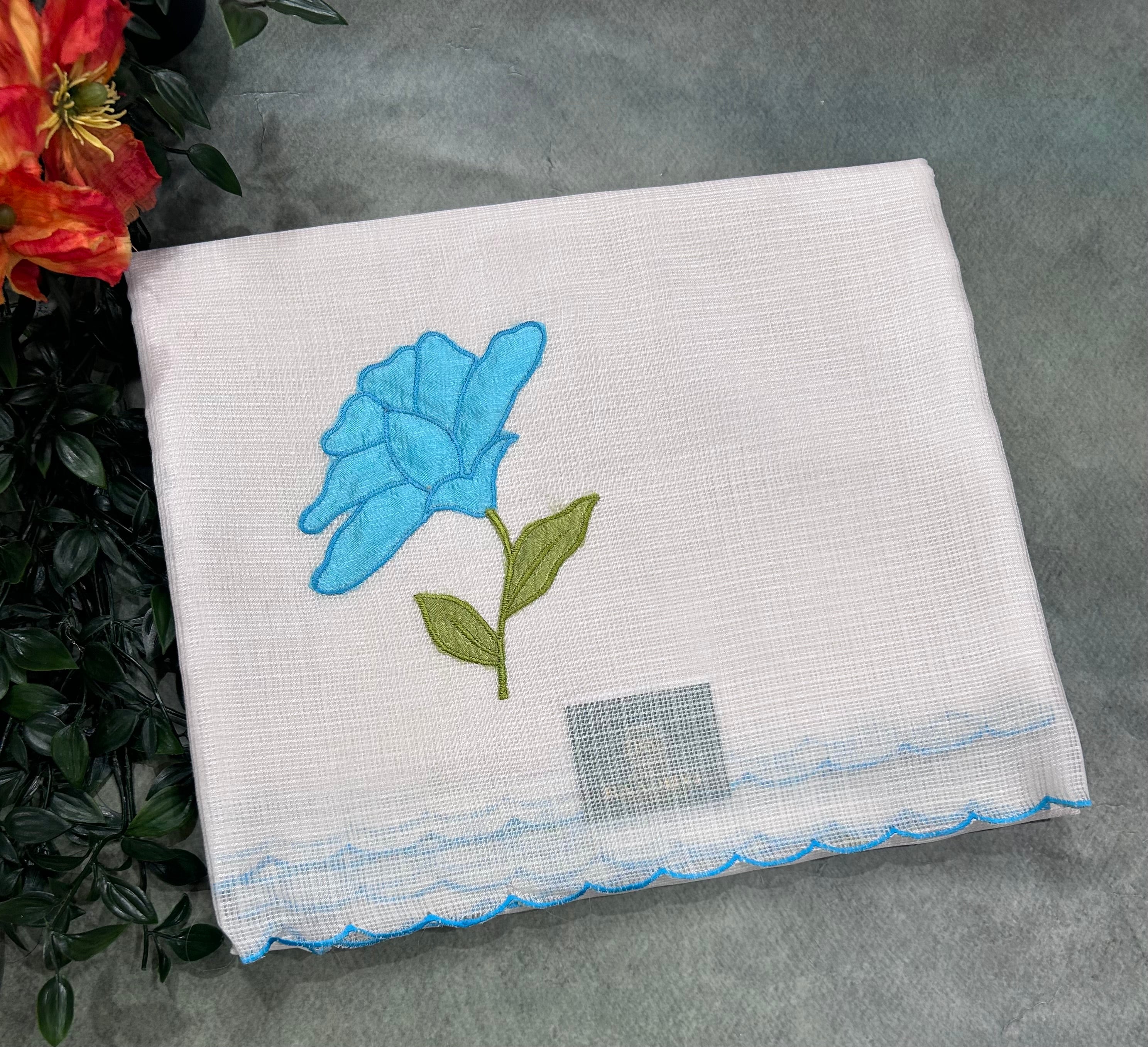 Cream scallop border sky blue embroidery work Kota check 106 Saree