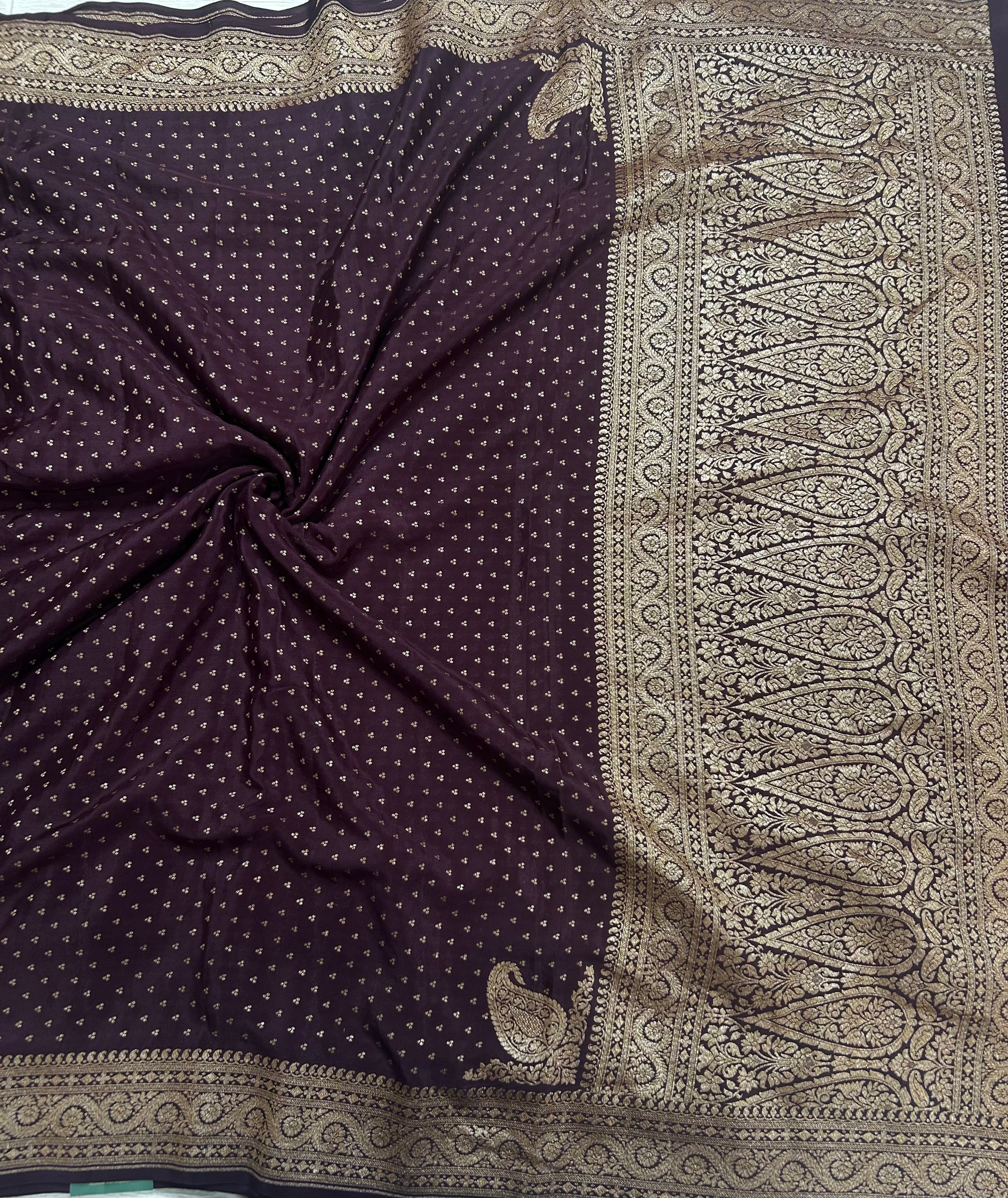 Dark brown small Butta pure Benarasi crepe 106 saree