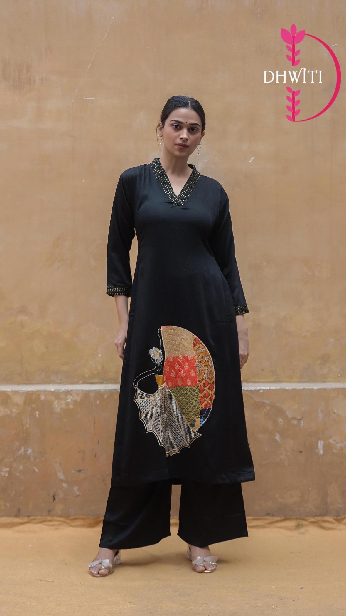 “Runi”  Black Desinger Cord set 99 with handwork applique work Kurtha