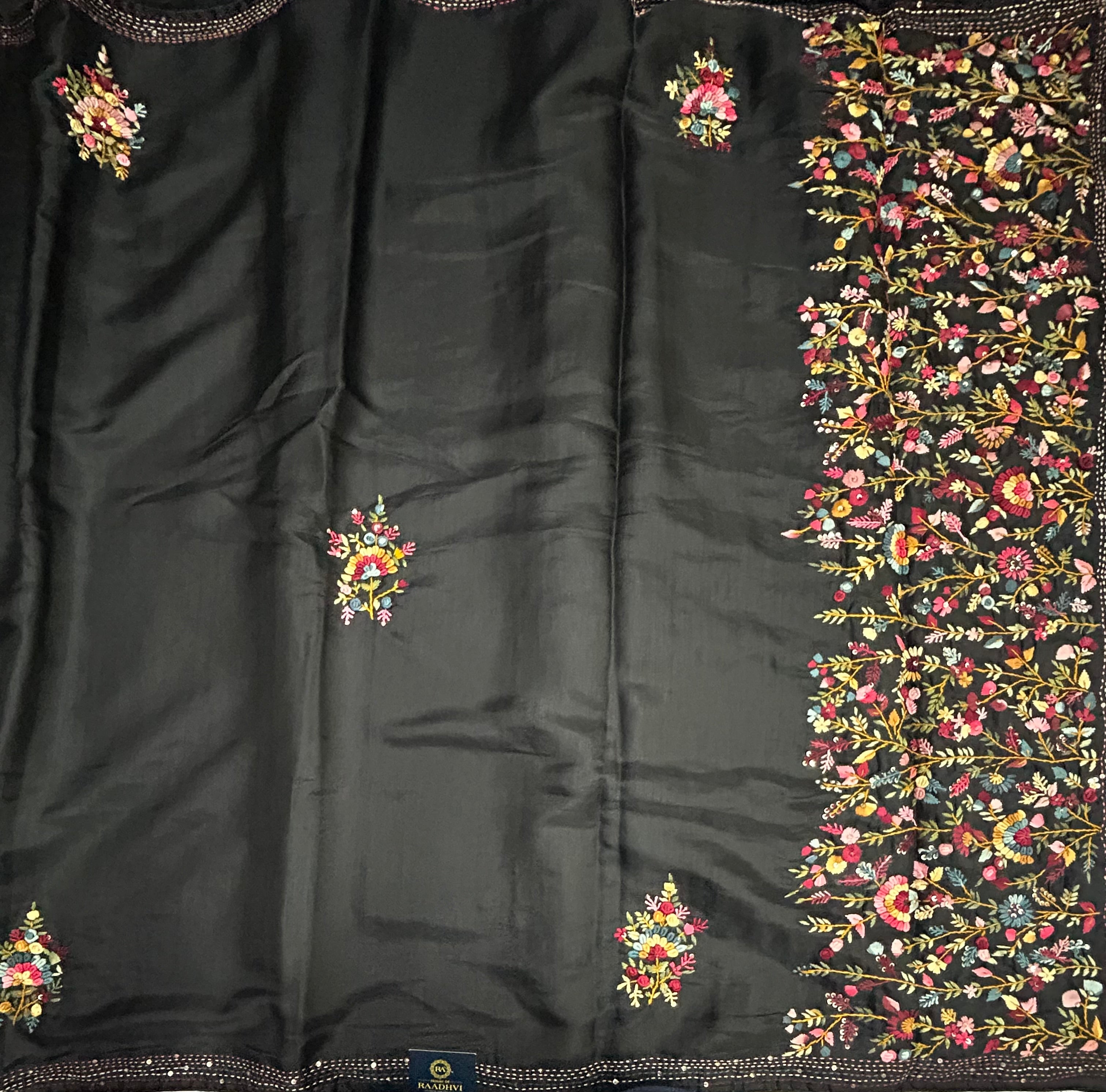 Black embroidery soft Tussar crepe saree