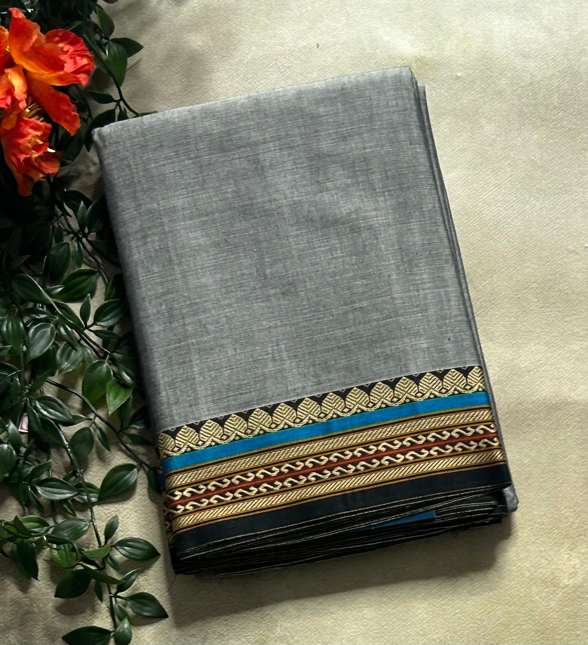 Dark grey Kanchi border pure cotton 103 saree