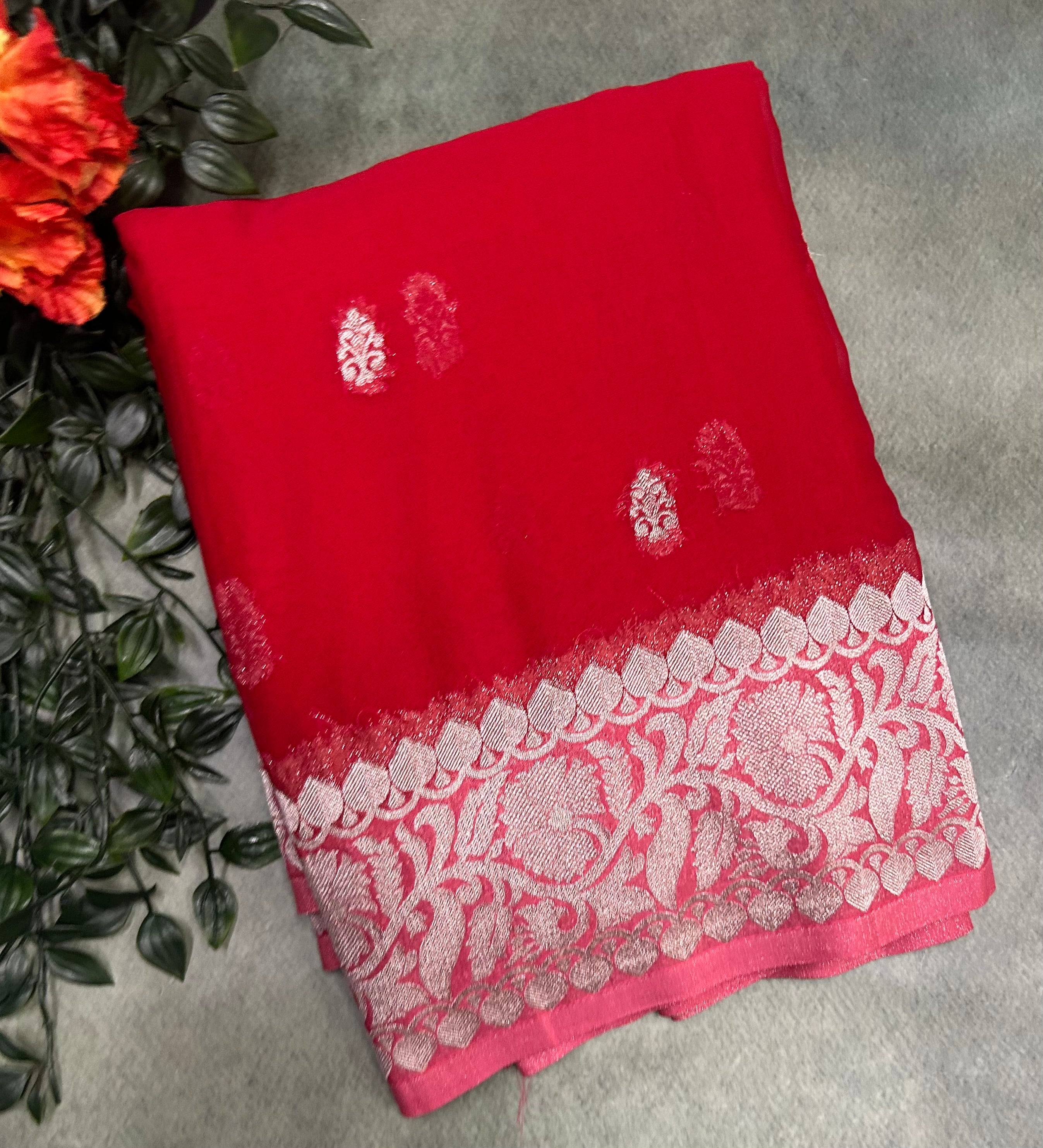 Red small Butta semi chiffon Benarasi 105 saree