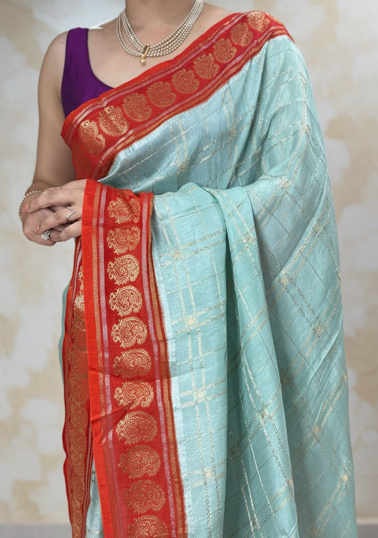 Sea green n red checks semi Mysore crepe saree SMS105