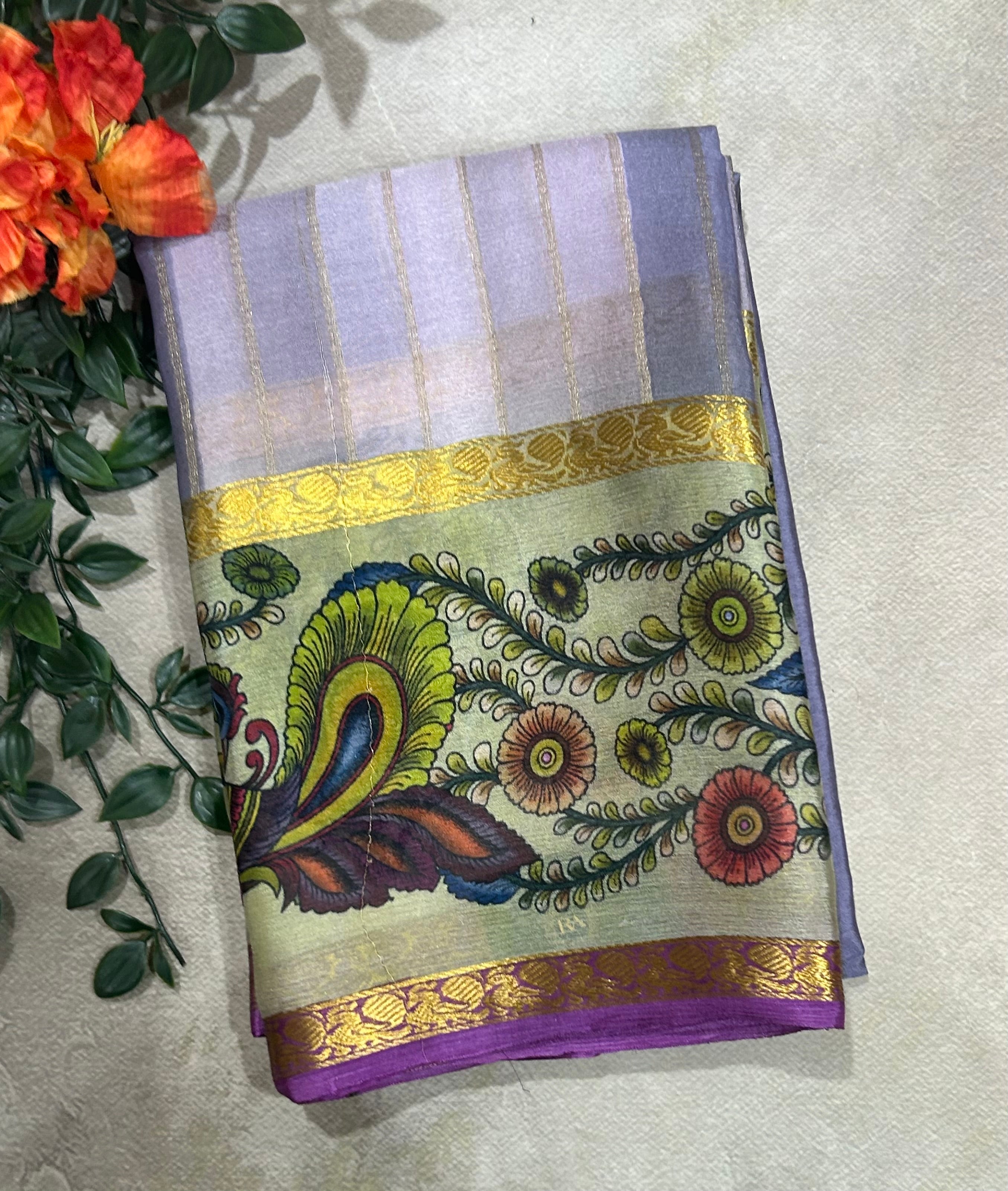 Rankart kalamkari border pure wrinkle 103 crepe silk saree