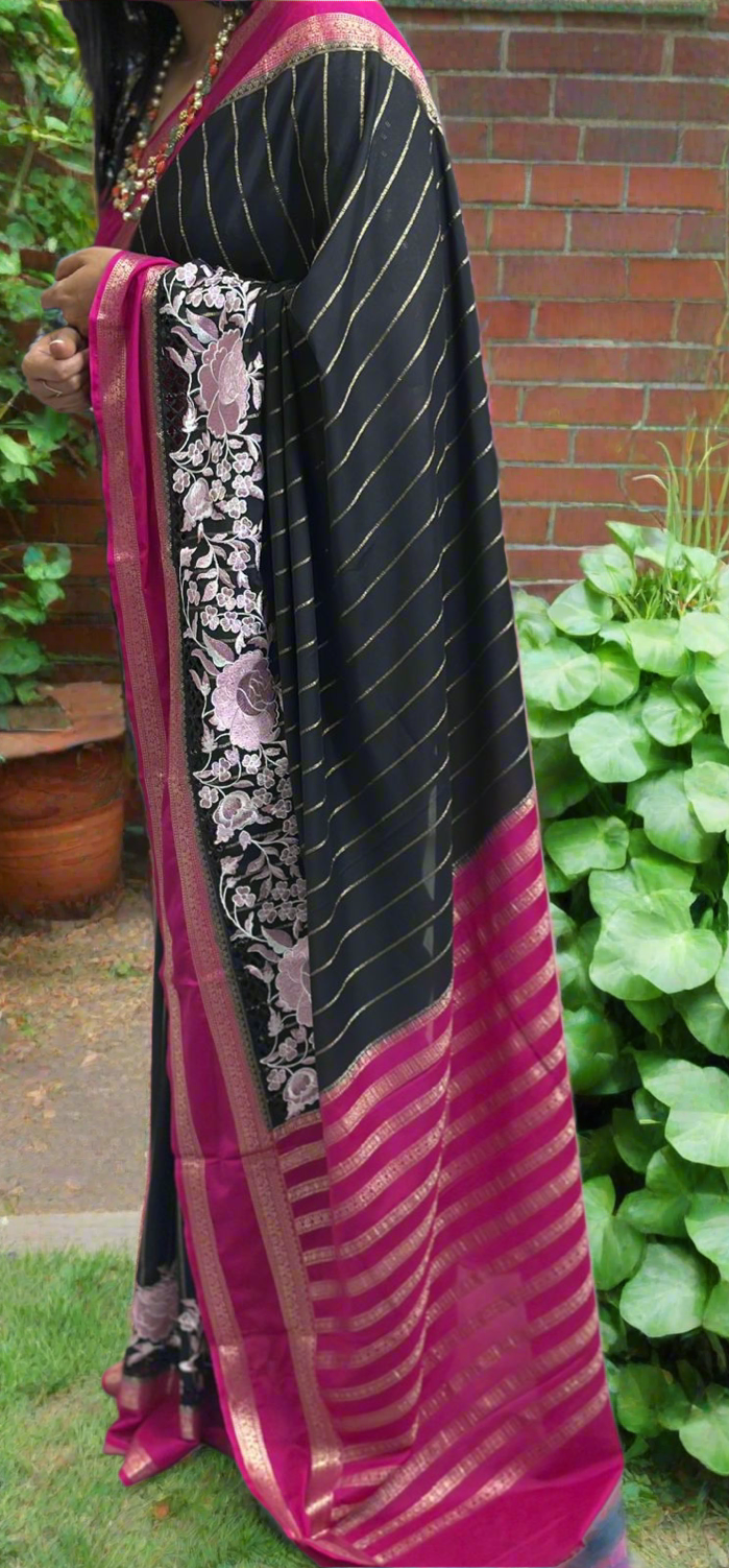 Black n pink cutwork semi mysore crepe silk saree