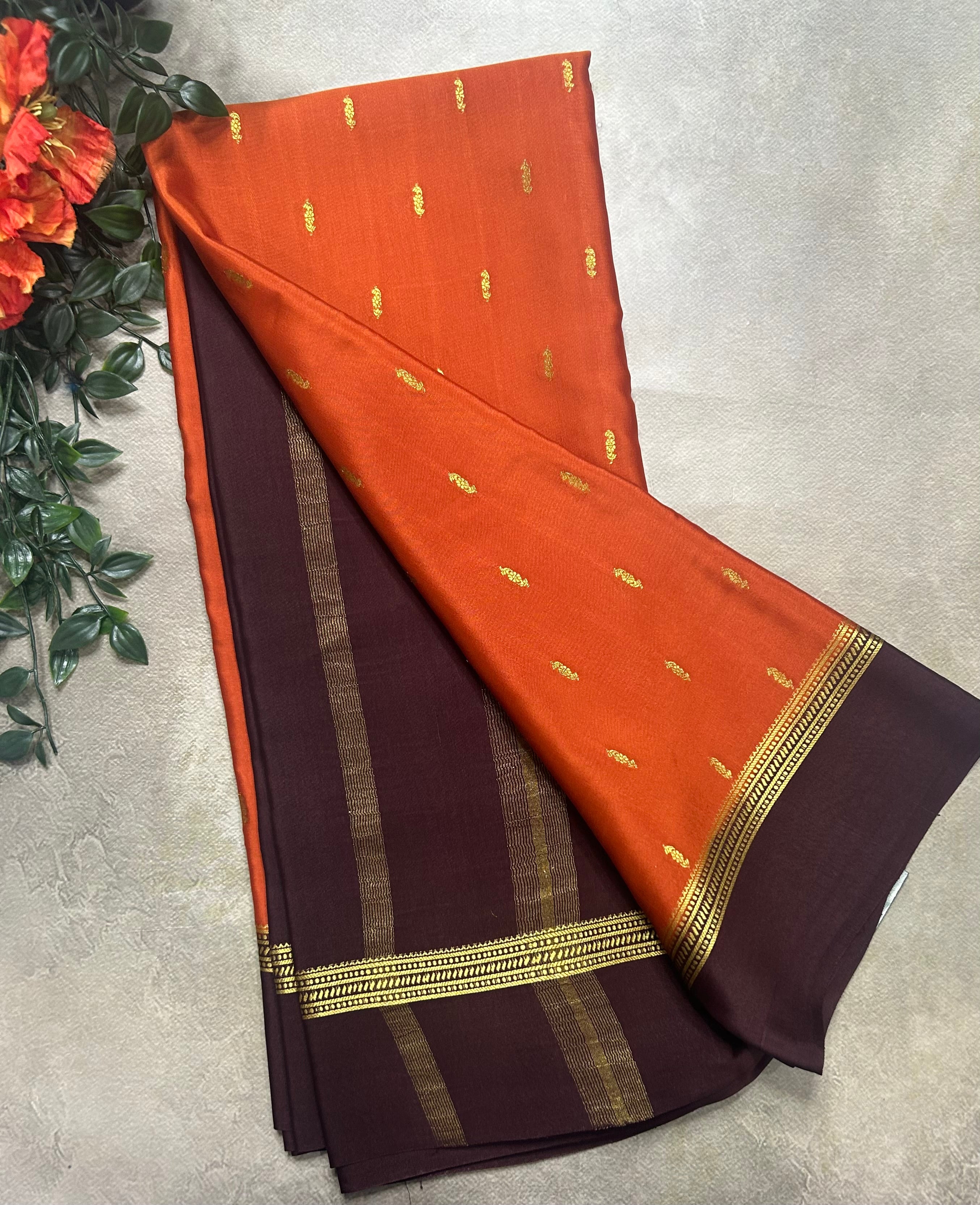 Rust orange contrast border pure Mysore silk 105 saree