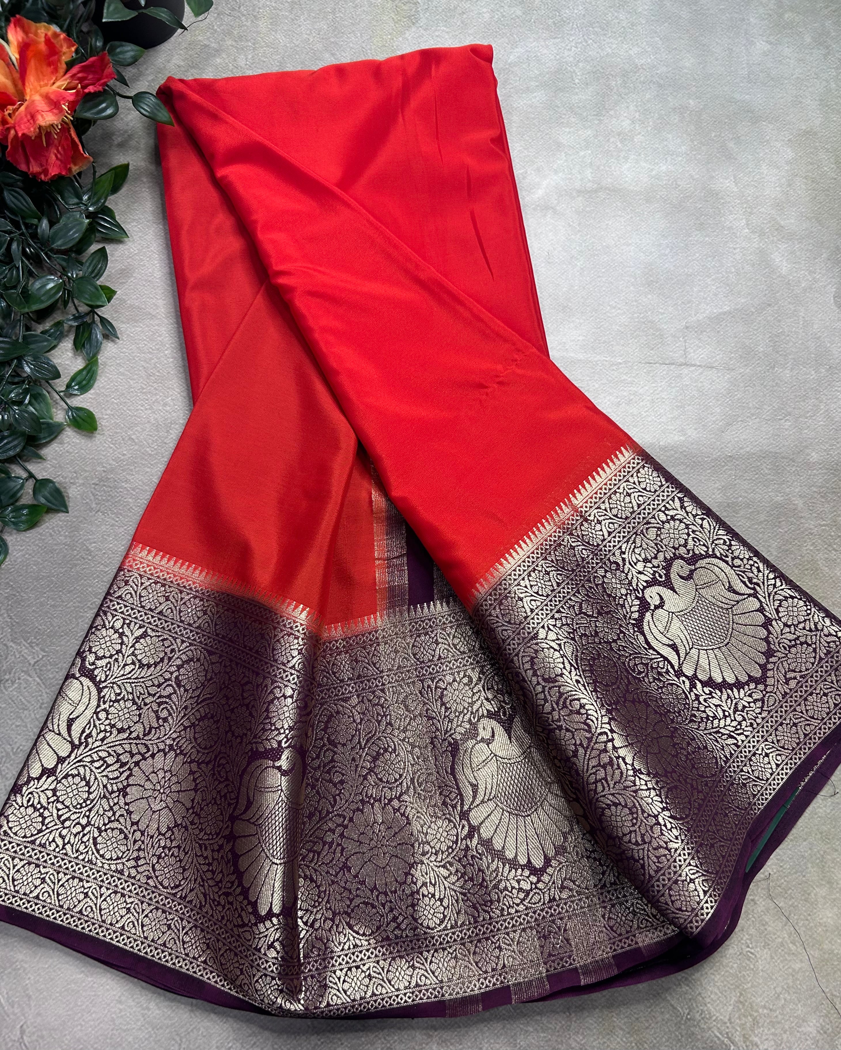 Orange contrast long border soft semi Mysore crepe 106 saree