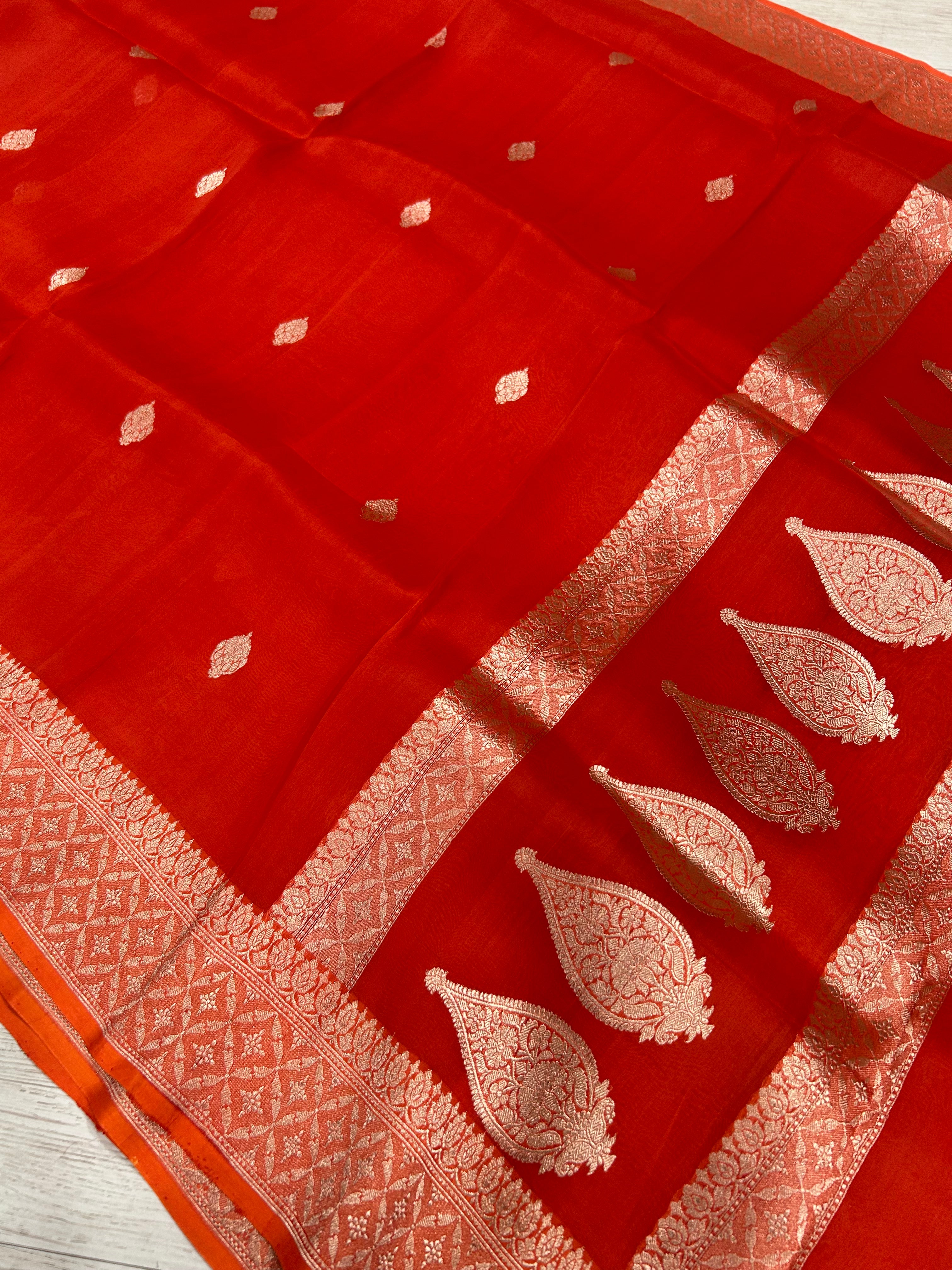 Orange pure kora 105 organza silk saree