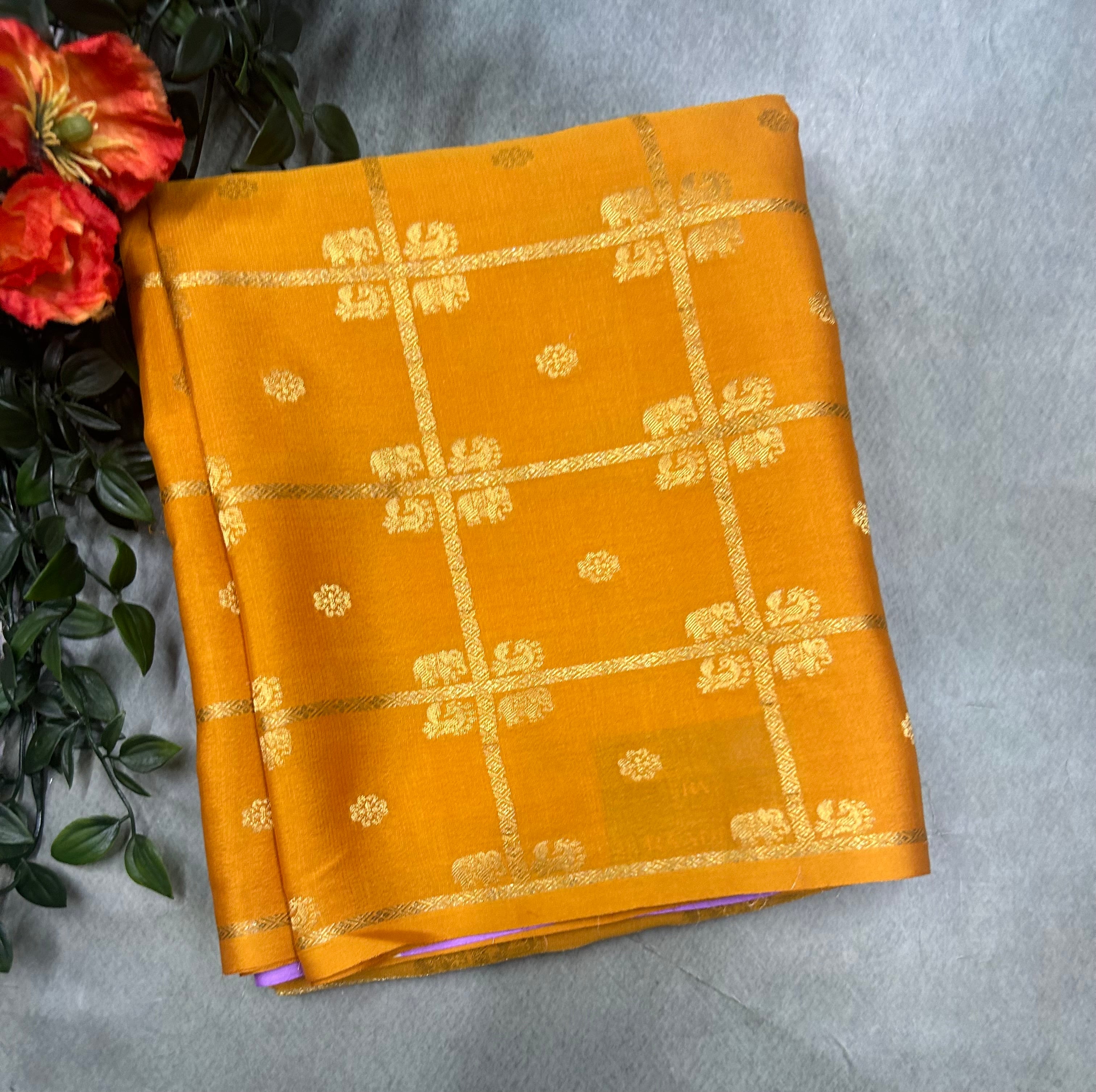 Mustard yellow contrast ST checks borderless pure mysore silk-105 saree