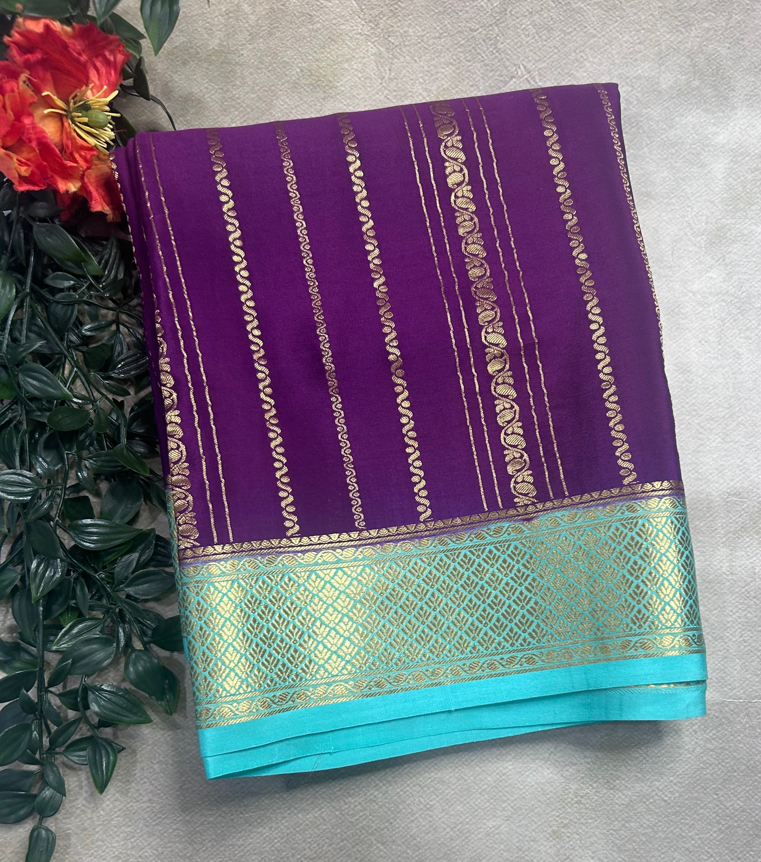 Dark purple stripes pure mysore crepe silk saree (SMS106)