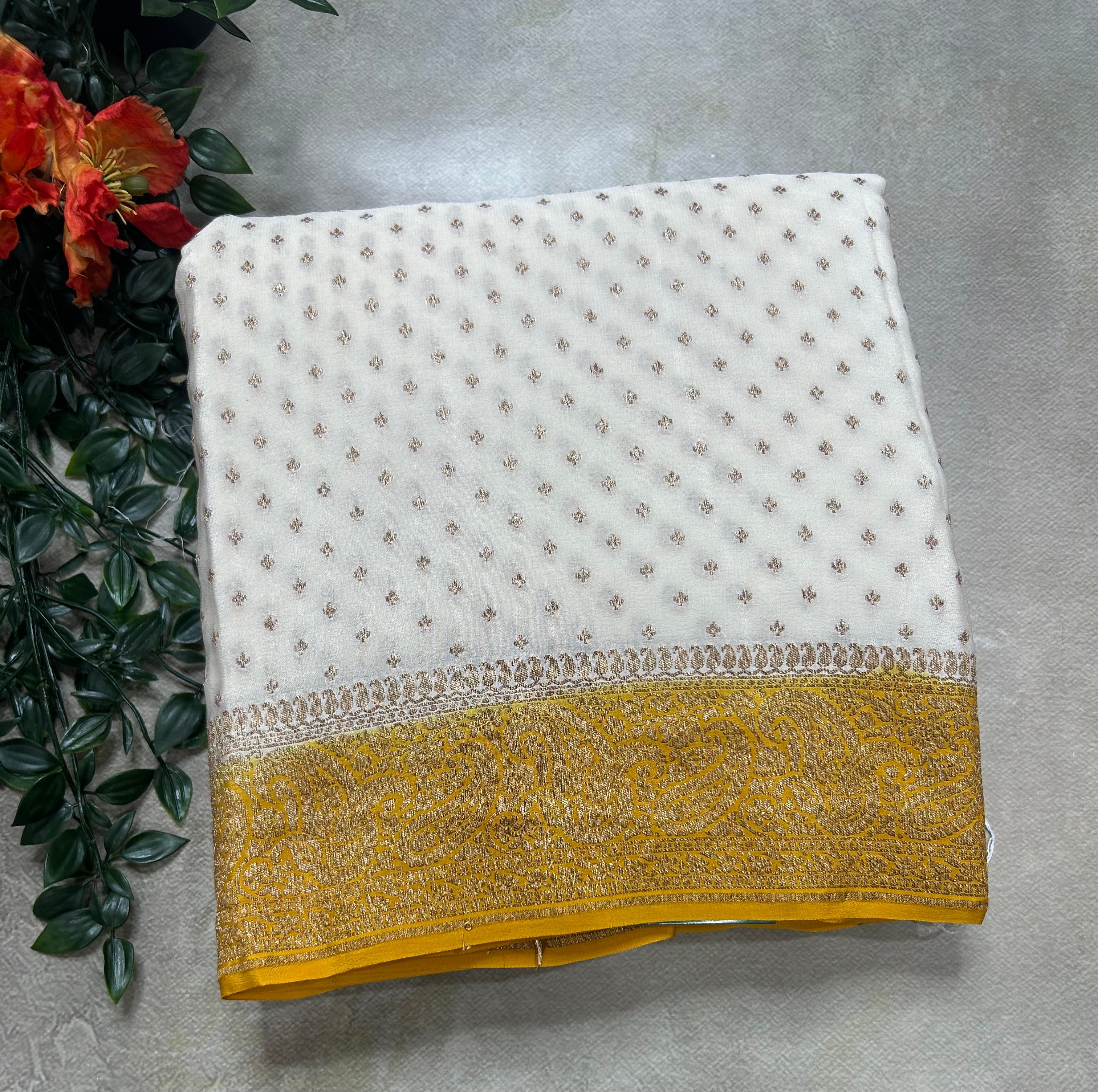 Cream small Butta pure Benarasi crepe 106 saree