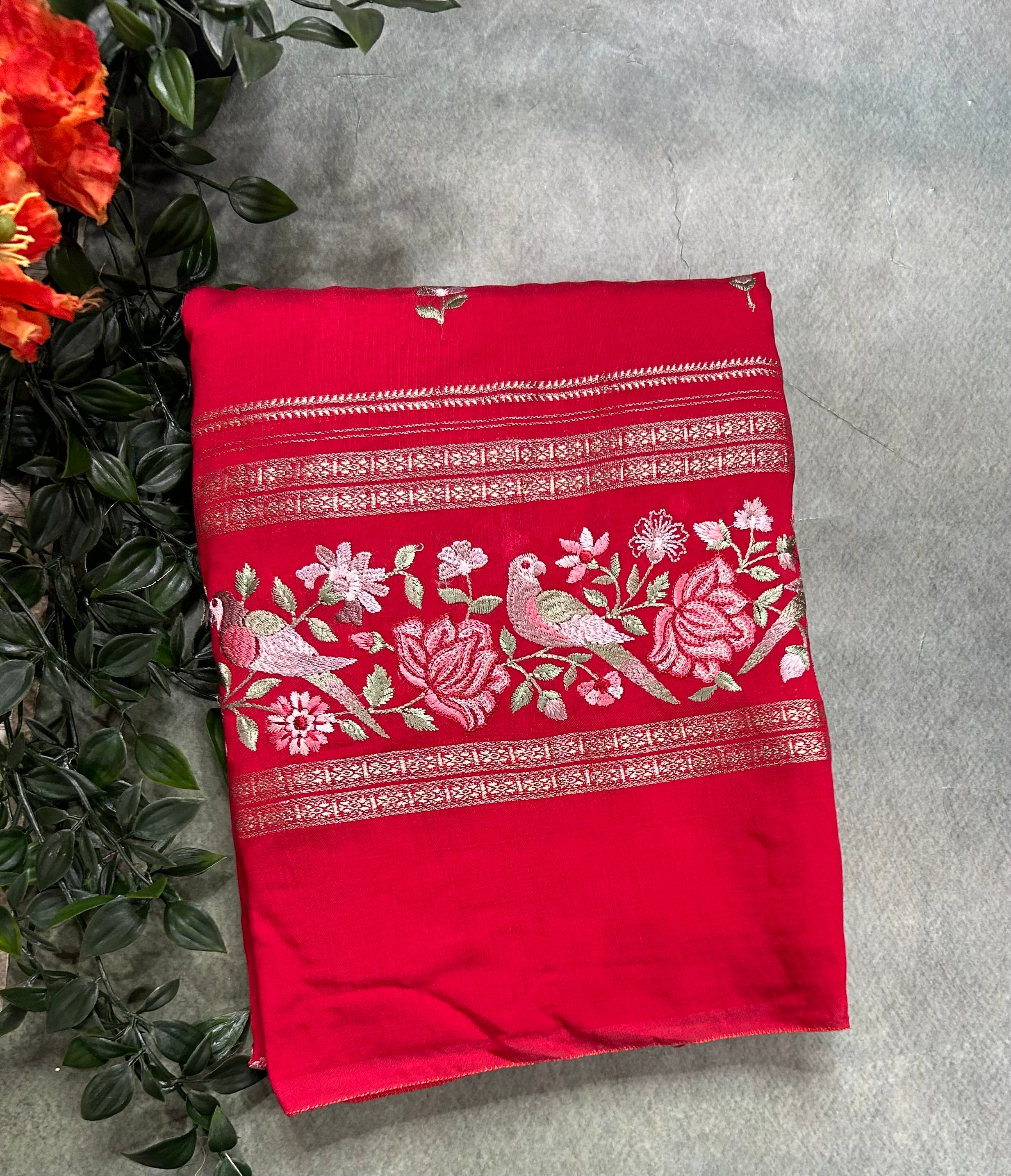 Red embrodiery soft tussar crepe 104 saree