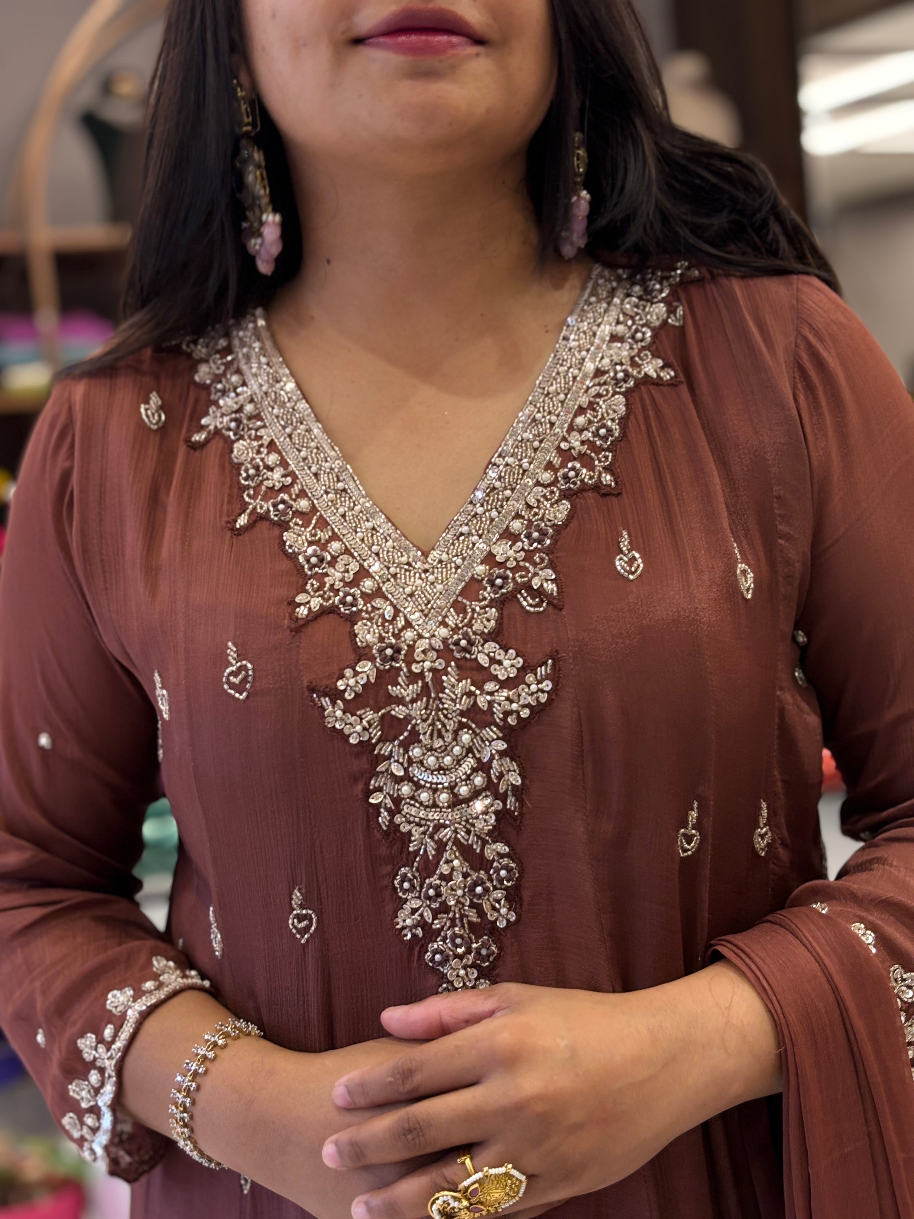 Brown Anarkali Chinnon Hand Embroidery Kurtha 567