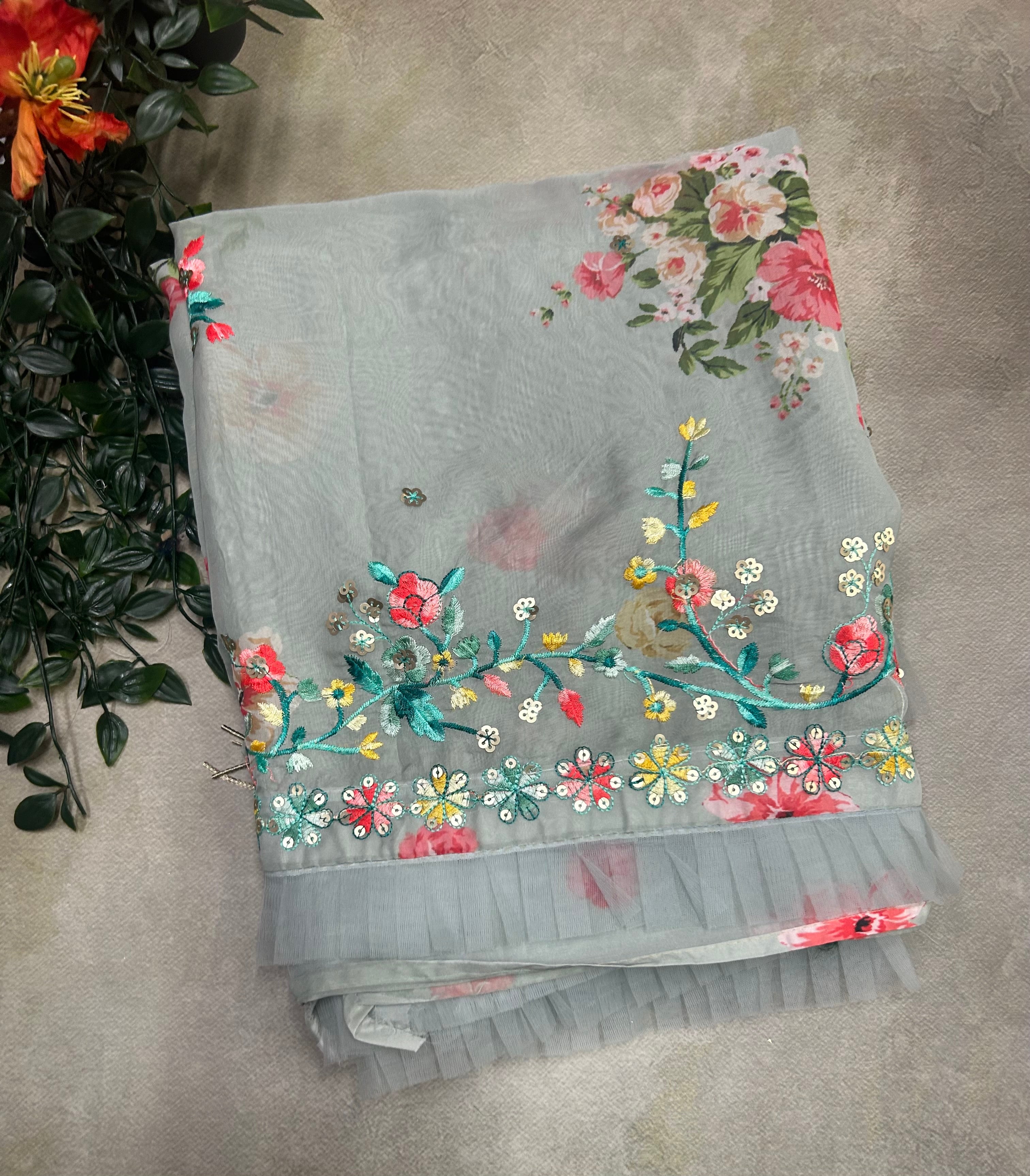 Pastel green embroidery border party wear saree