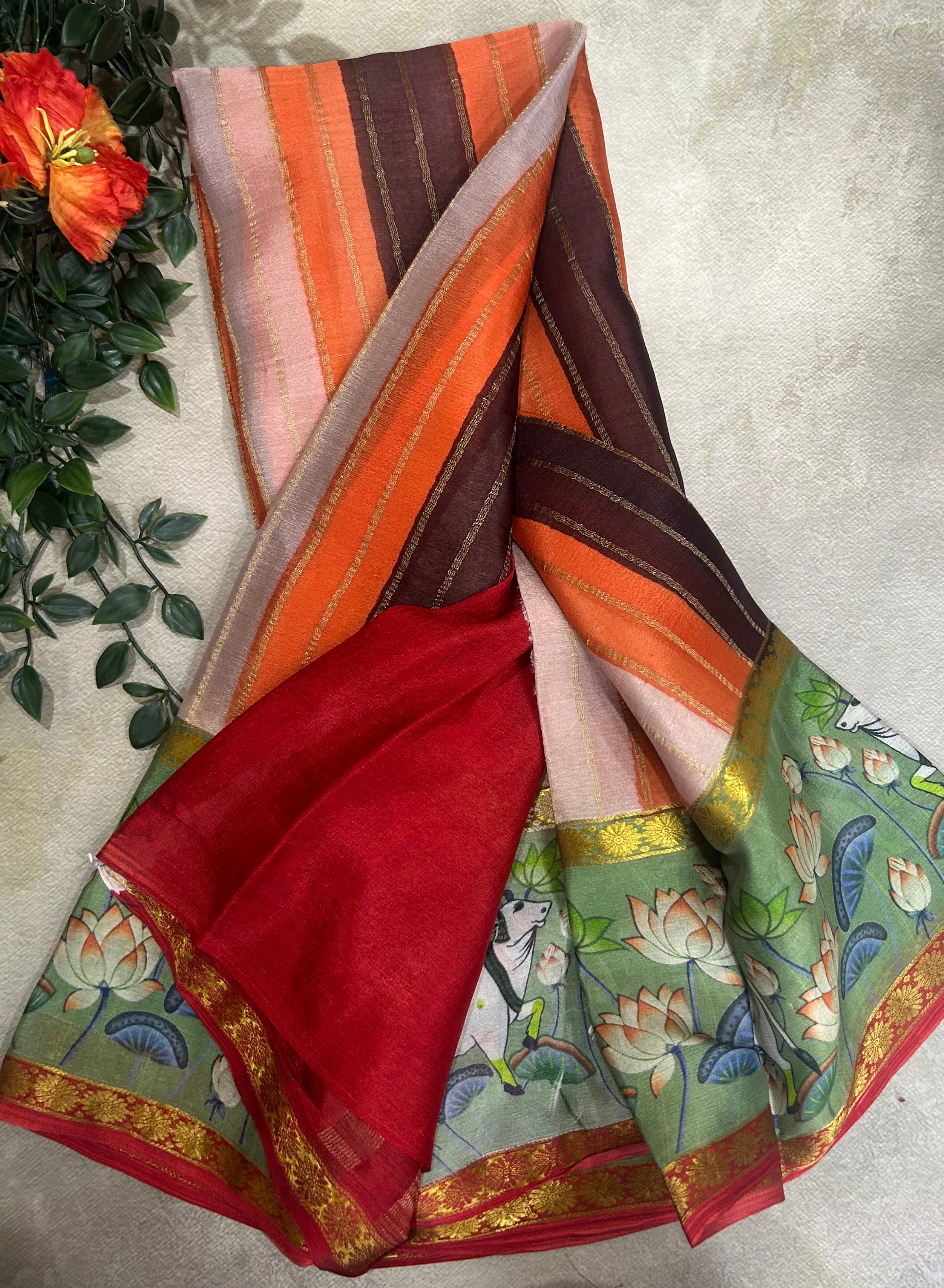 Rankart kalamkari border pure wrinkle 103 crepe silk saree