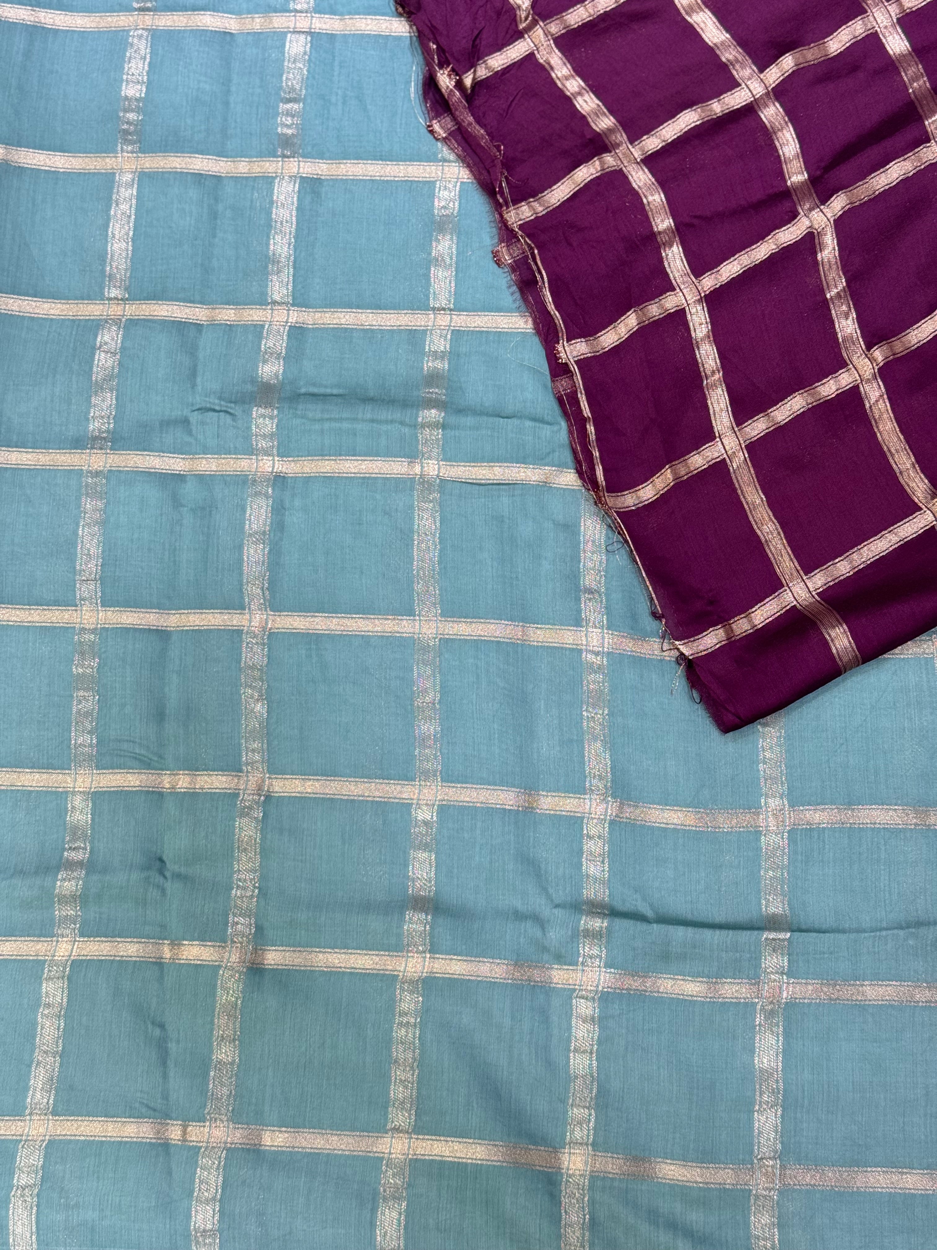 Pastel blue soft tussar crepe checks  saree