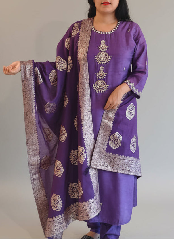 Purple Dola Silk Handwork Straight Fit Kurtha 49
