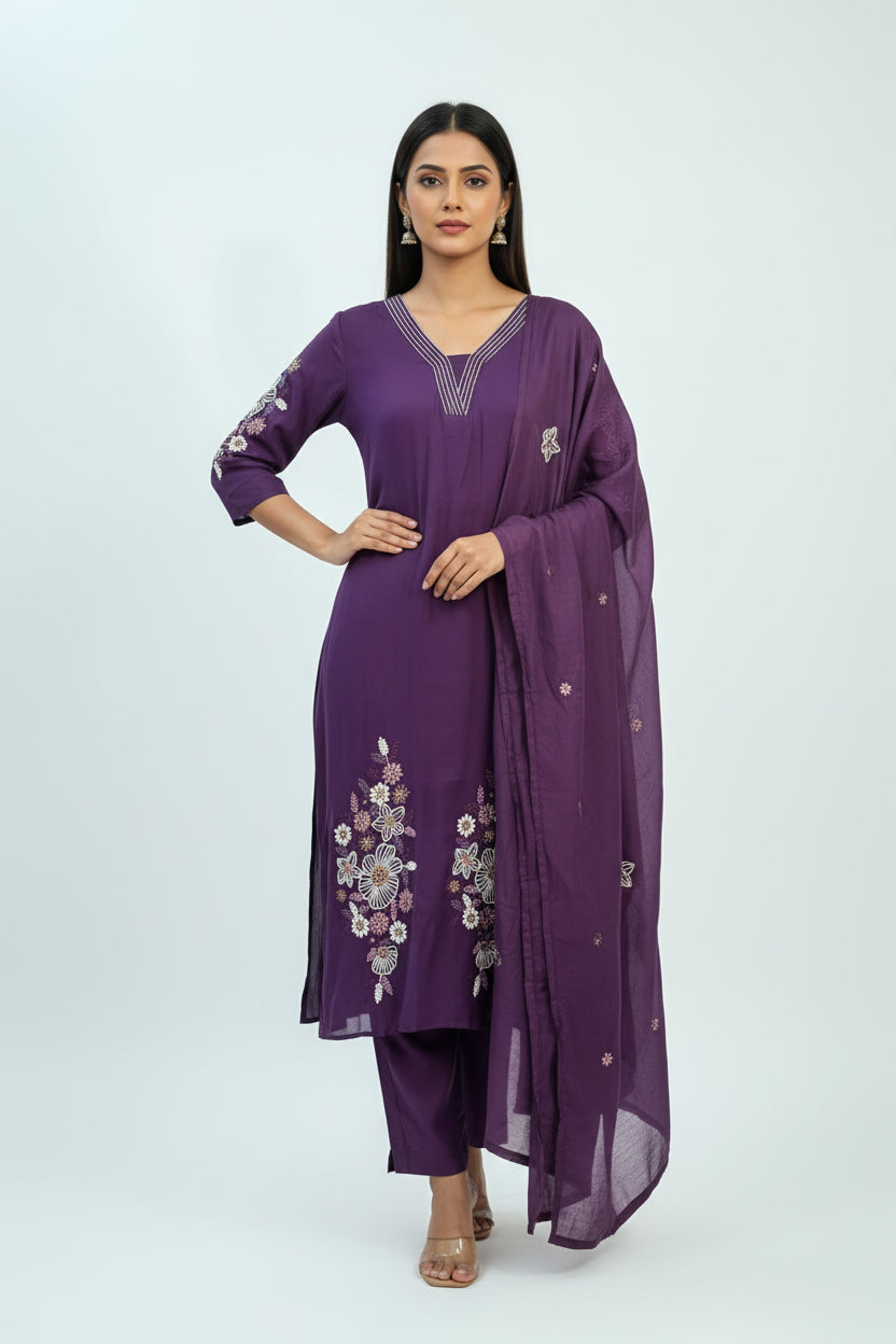 Purple Mul Chanderi Thread Embroidery Airline Kurtha 439