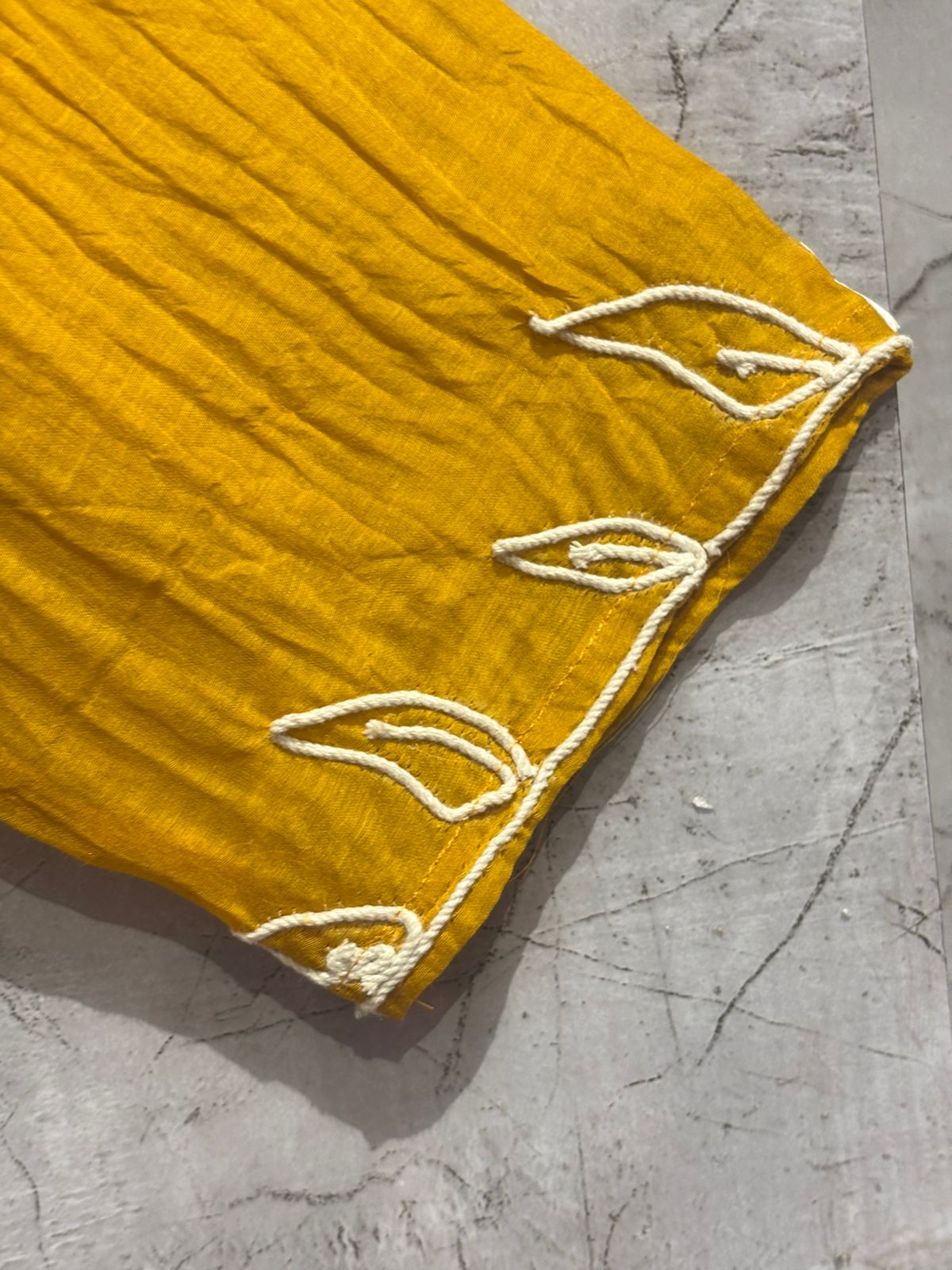 Musturd Yellow Mul Chanderi Thread Work Airline Kurtha