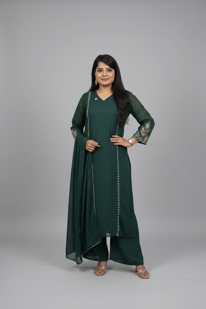 Green  Chinnon Hand Embroidery A Line Kurtha 673