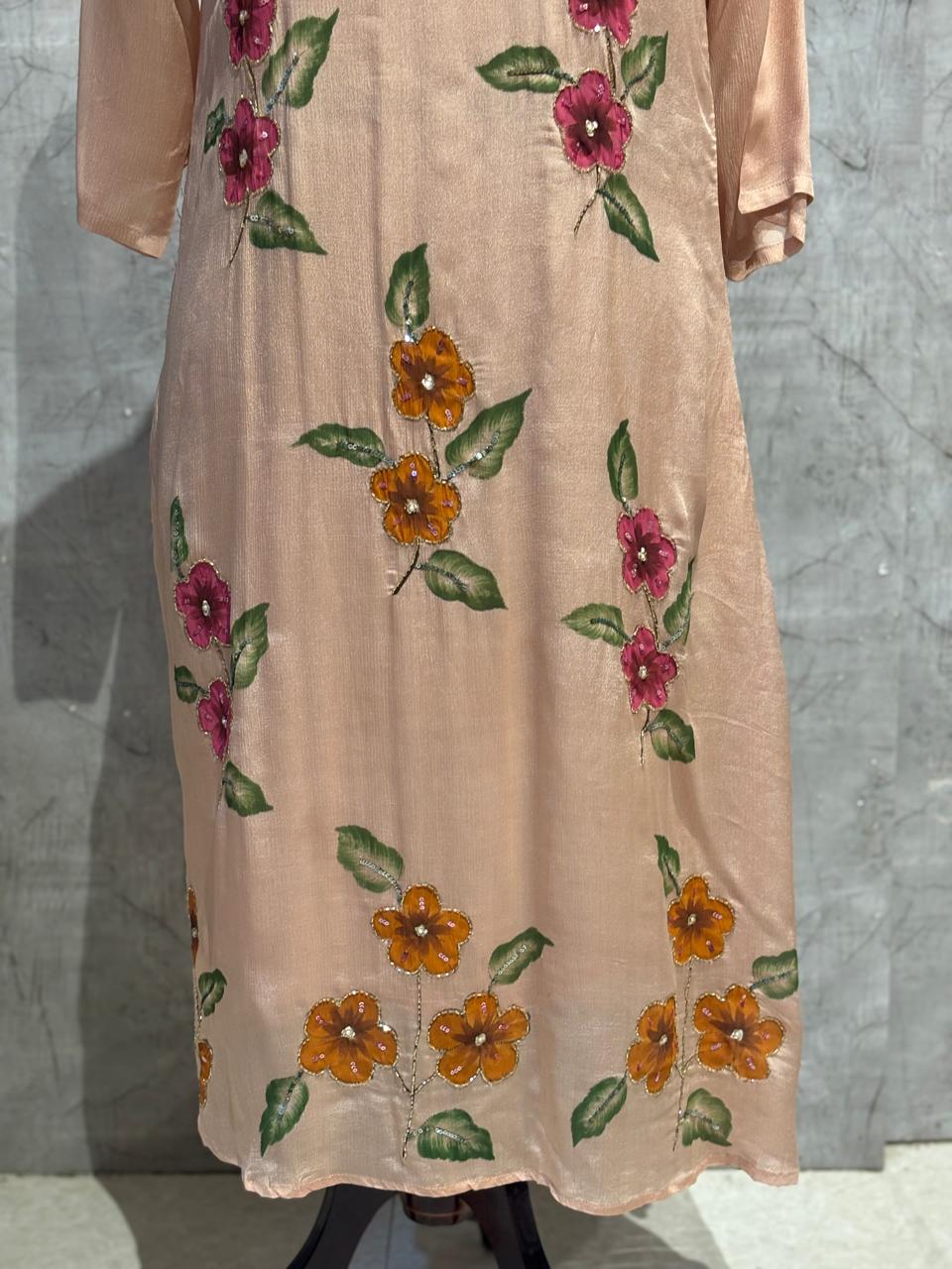 Beige Hand Embroidery Crepe Airline Kurtha 765
