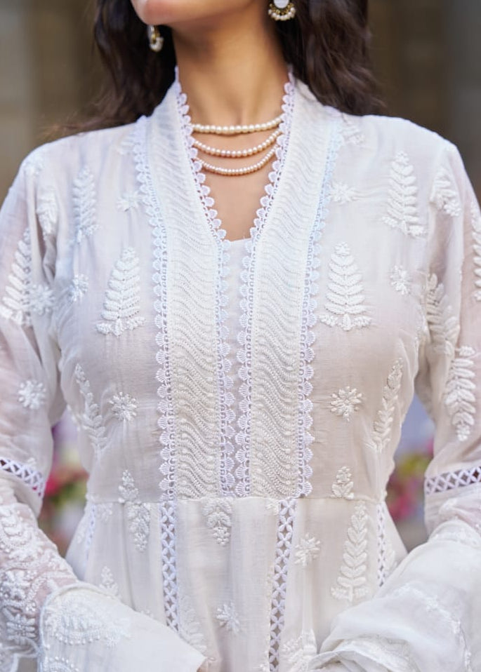 White Cotton Hakkoba Work Anarkali Kurtha Plus Size 459
