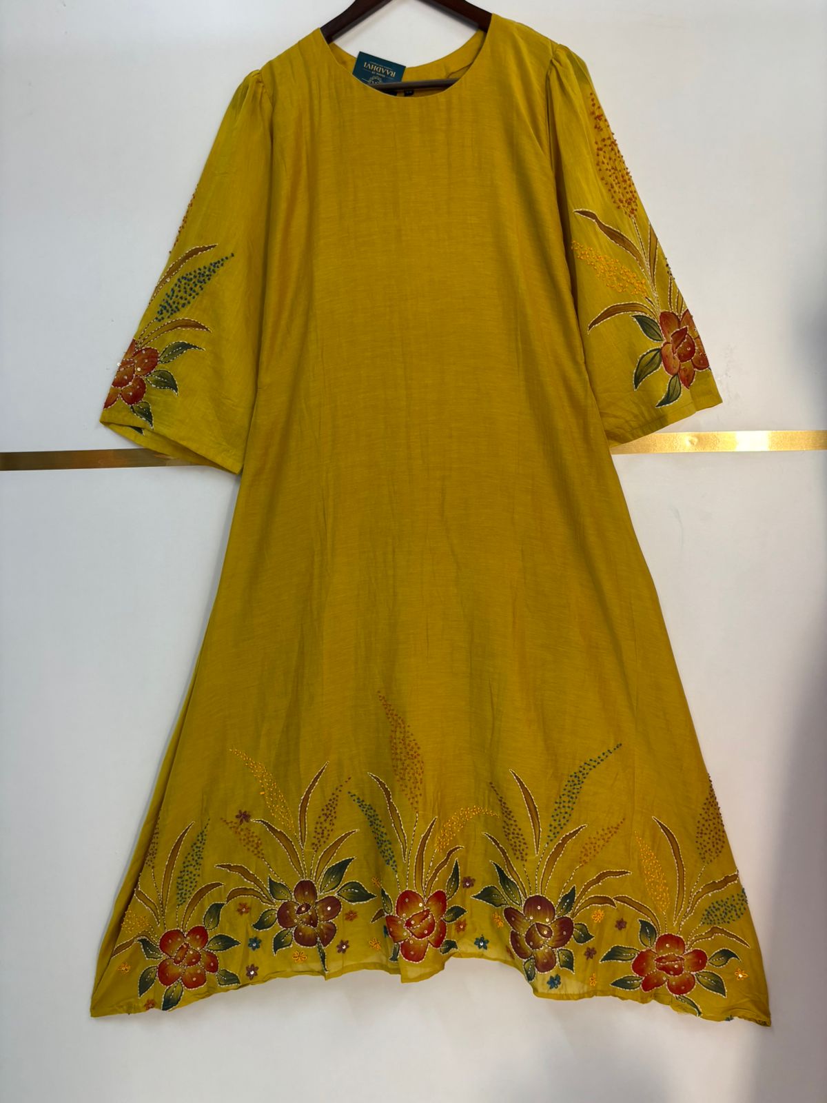 Yellow Mul Chanderi Thread Embroidery Airline Kurtha 483