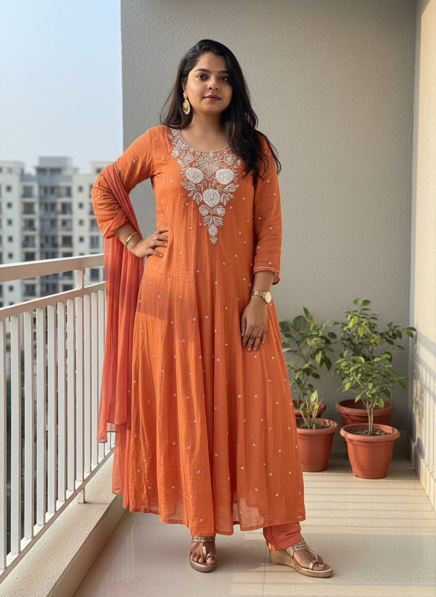 Orange Anarkali Chinnon Hand Embroidery Kurtha 567