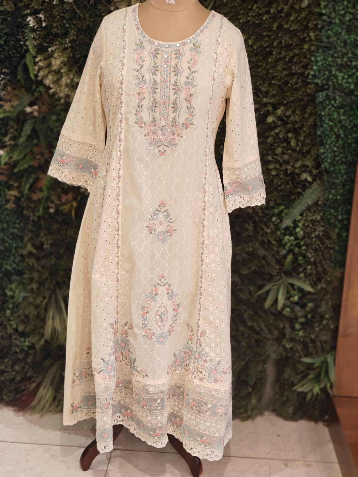 White Cotton Hacoba Work Anarkali Kurtha 459