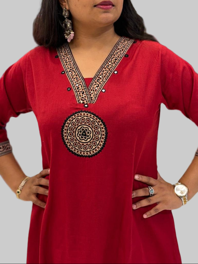 Red Cotton Hand Embroidery Cord Set Kurtha 661