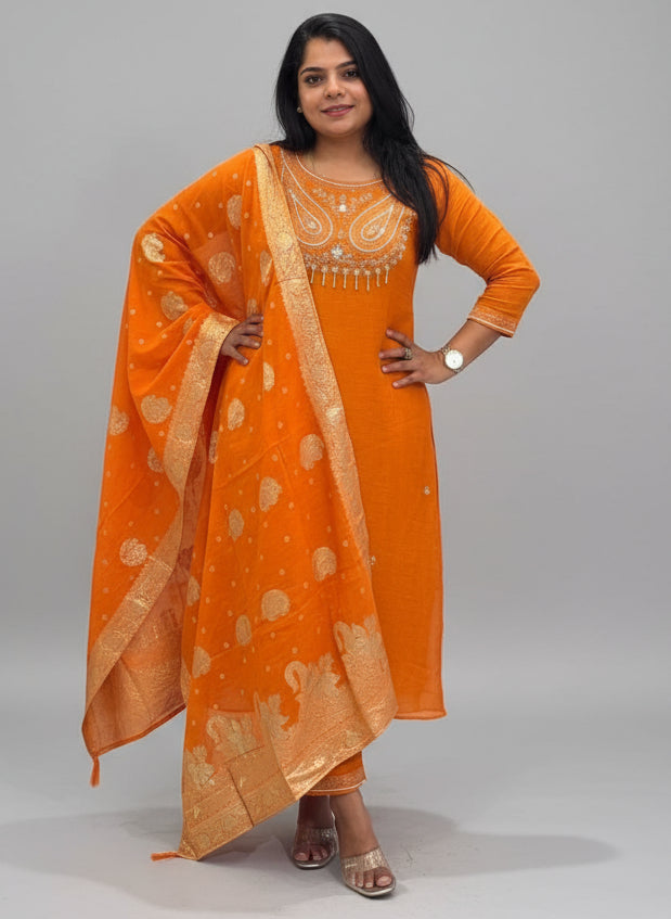 Orange Mul Chanderi  Embroidery Airline Kurtha 170