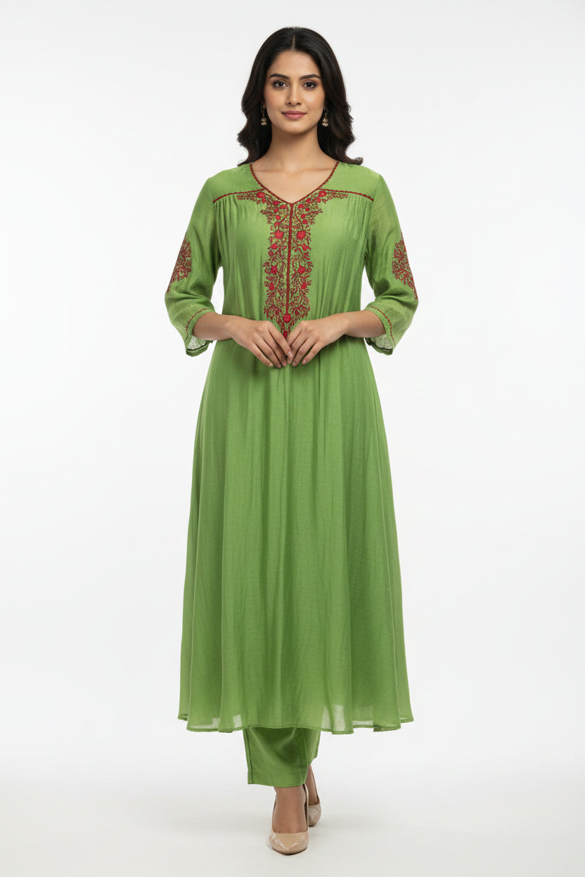 Green Mul Chanderi Anarkali Handwork Kurtha 126
