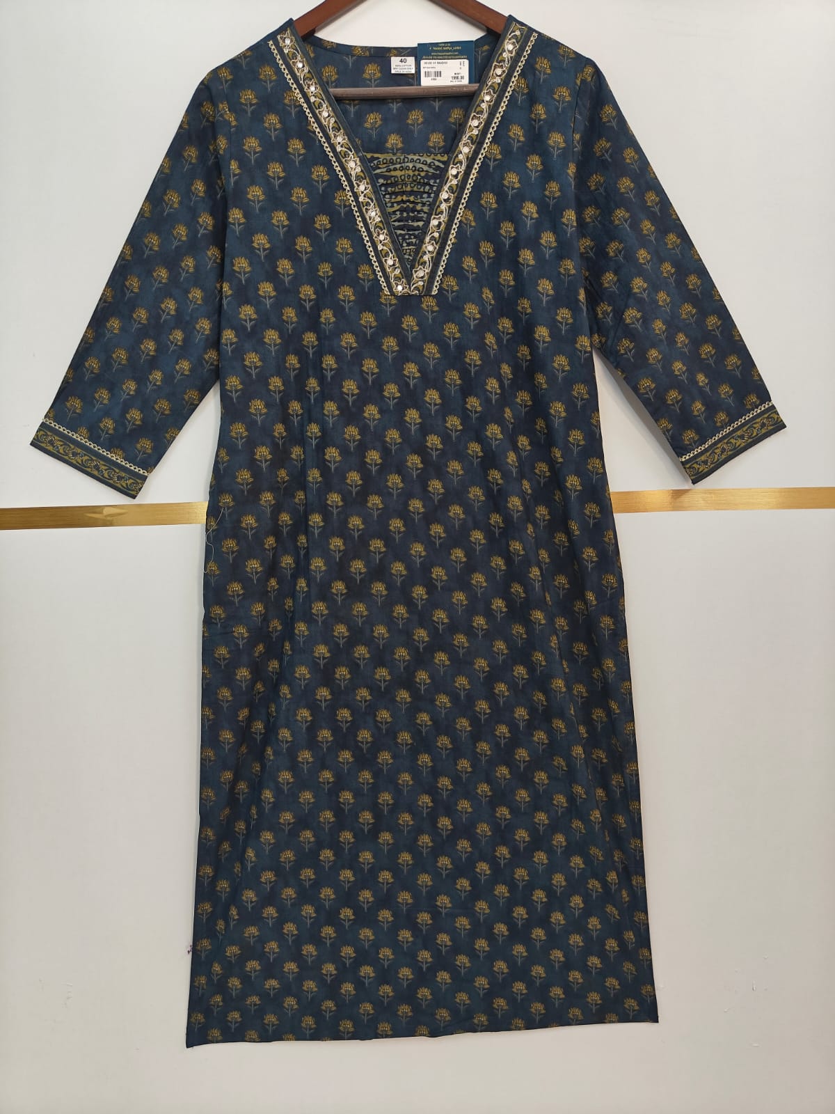 Steal Blue Cotton Block Print Straight Fit Kurtha